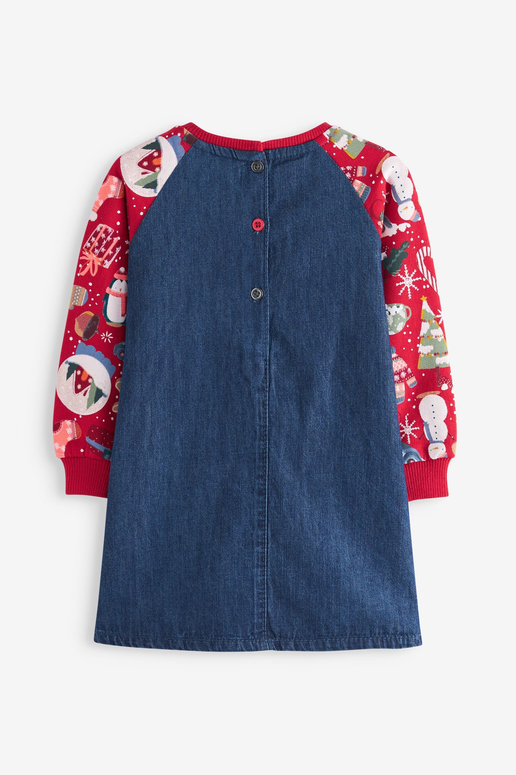 Red Christmas Print Raglan Denim Dress (3mths-8yrs)