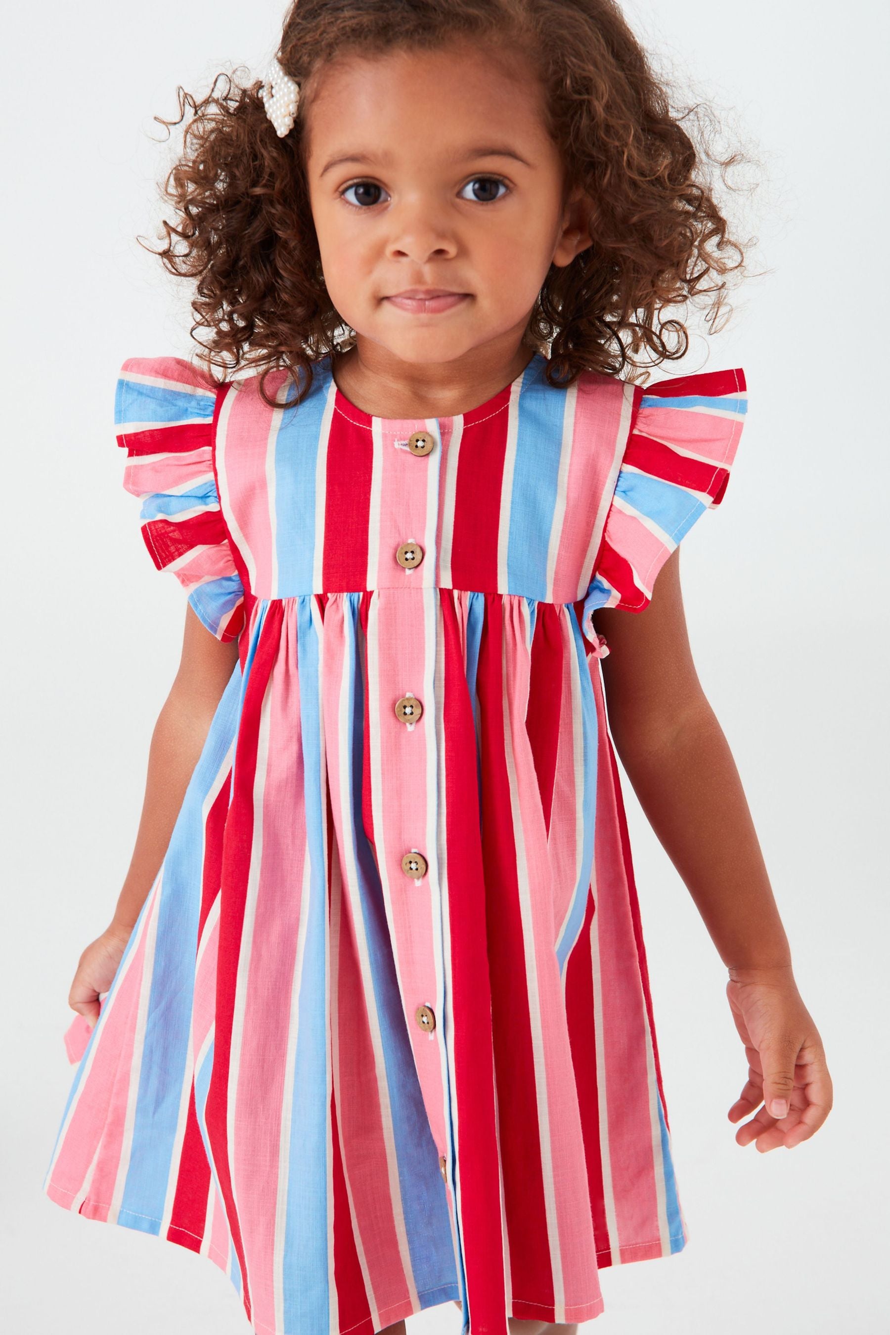 Red/Blue Stripe Frill Sleeve Cotton Dress (3mths-8yrs)