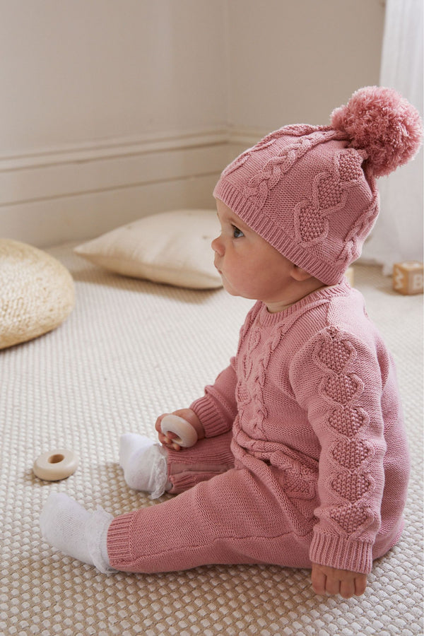 Pink Cable Knitted Baby Romper And Hat (0mths-2yrs)