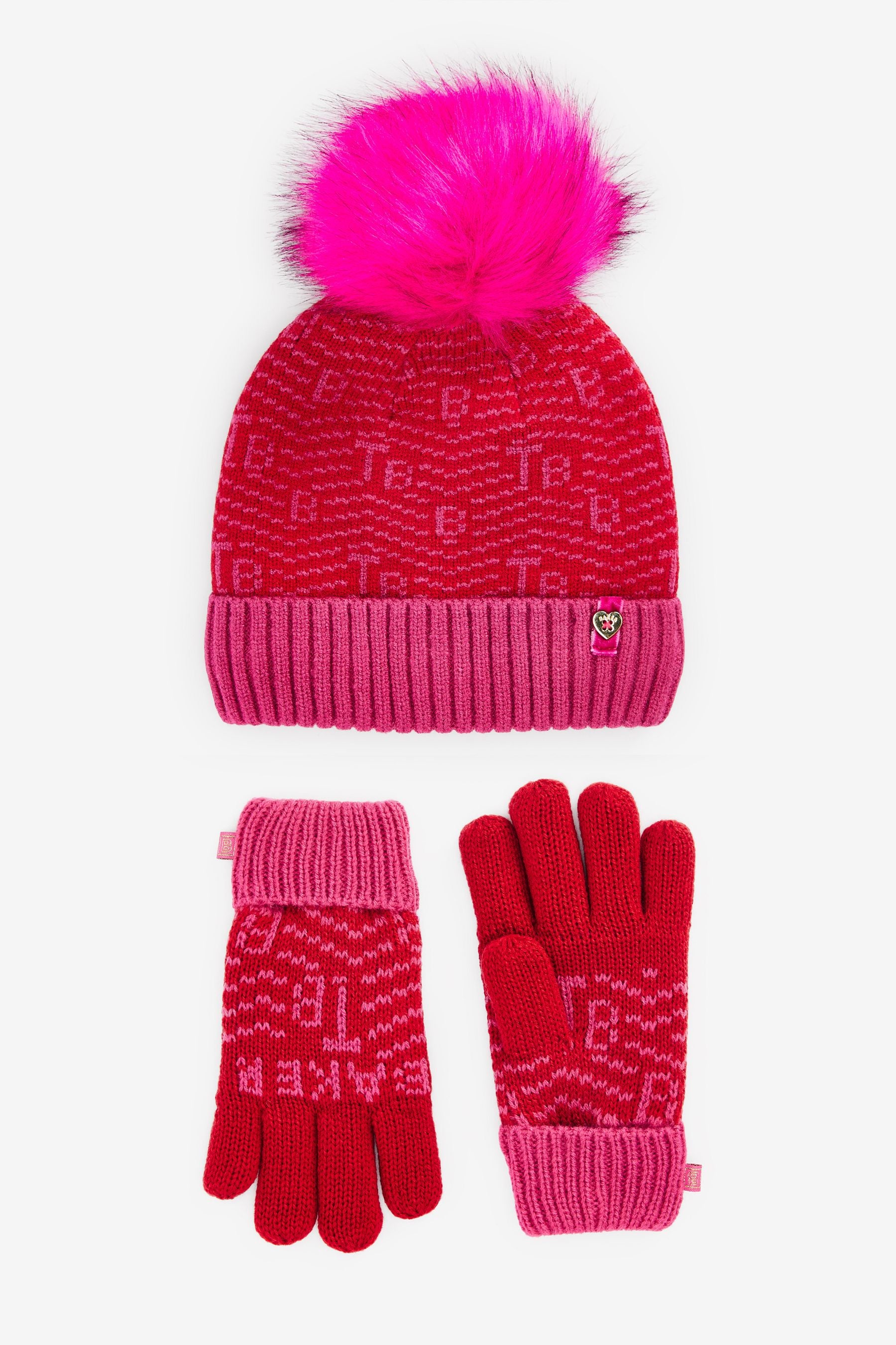 Pink Baker by Ted Baker Pink Chevron Pom Hat And Gloves Set