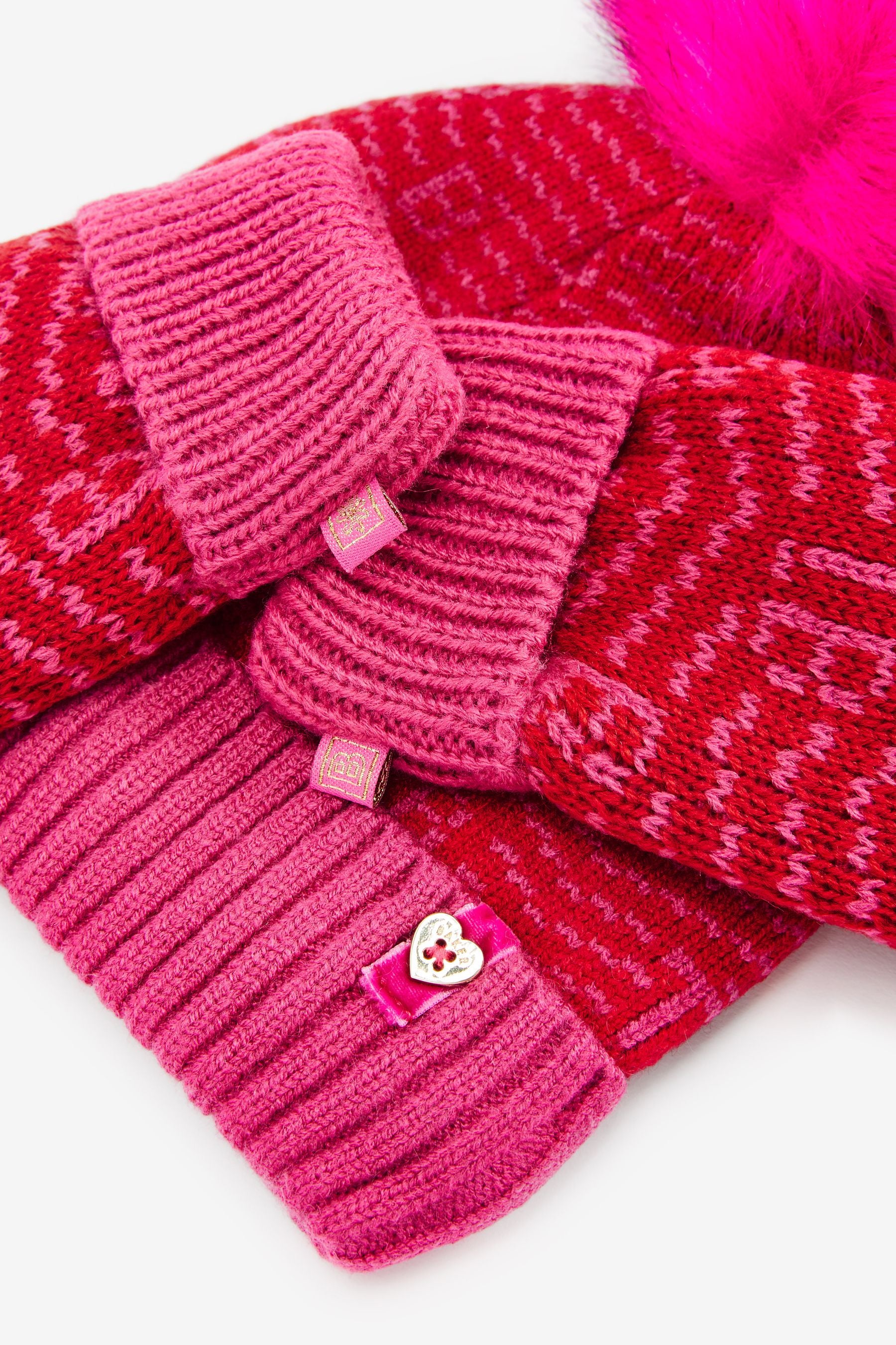 Pink Baker by Ted Baker Pink Chevron Pom Hat And Gloves Set