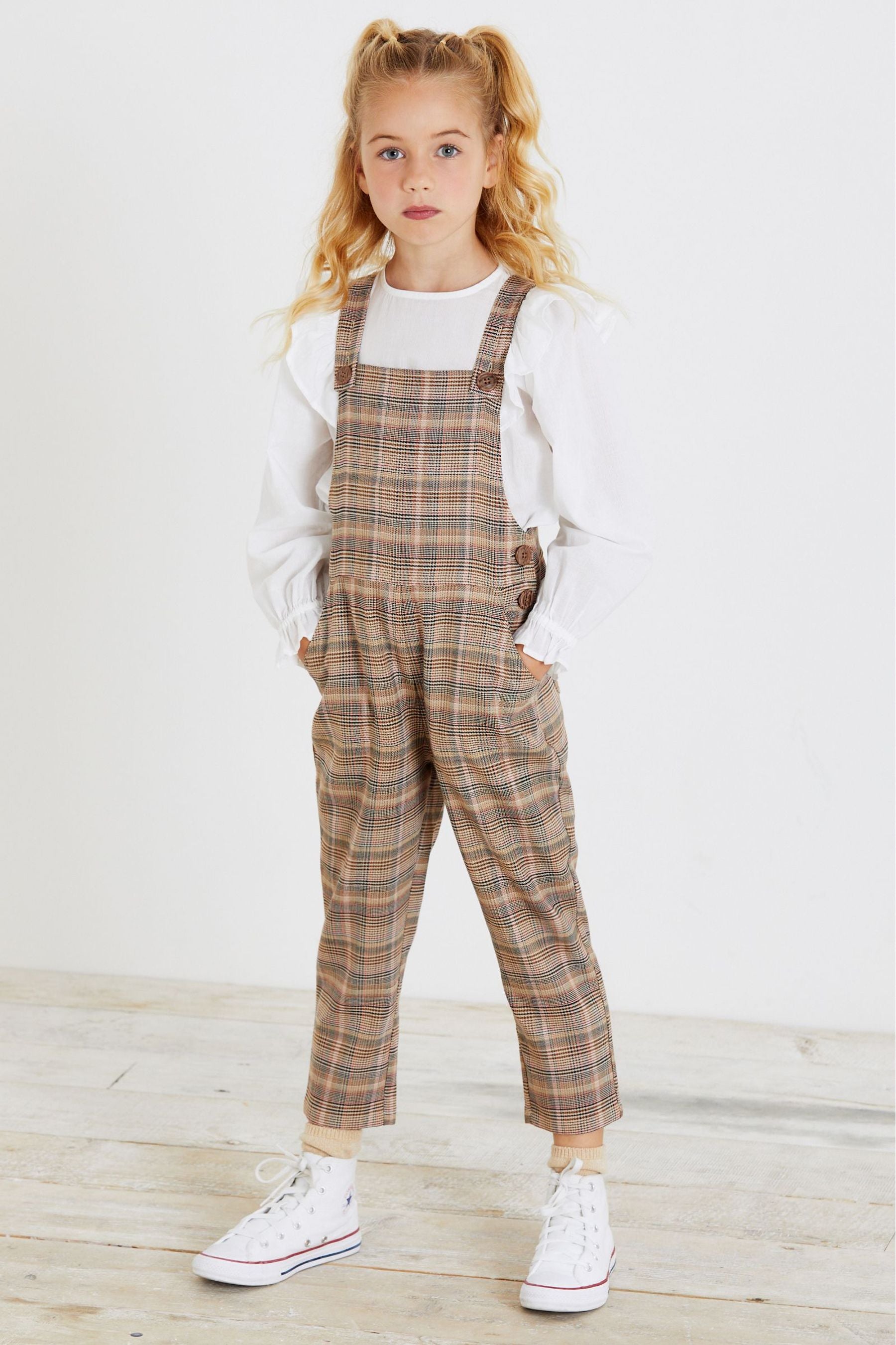 Neutral/Blush Pink Check Dungarees (3-16yrs)