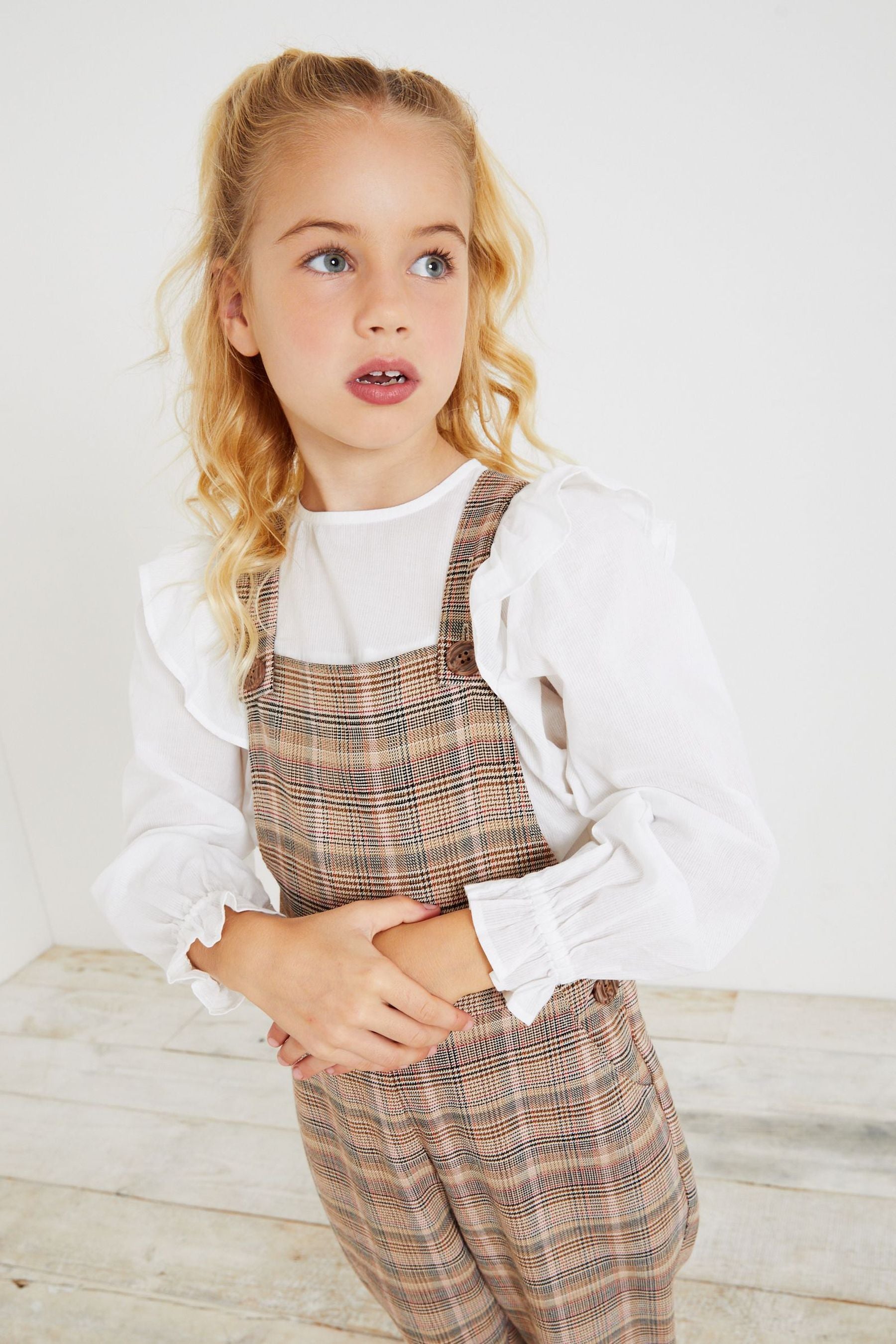 Neutral/Blush Pink Check Dungarees (3-16yrs)