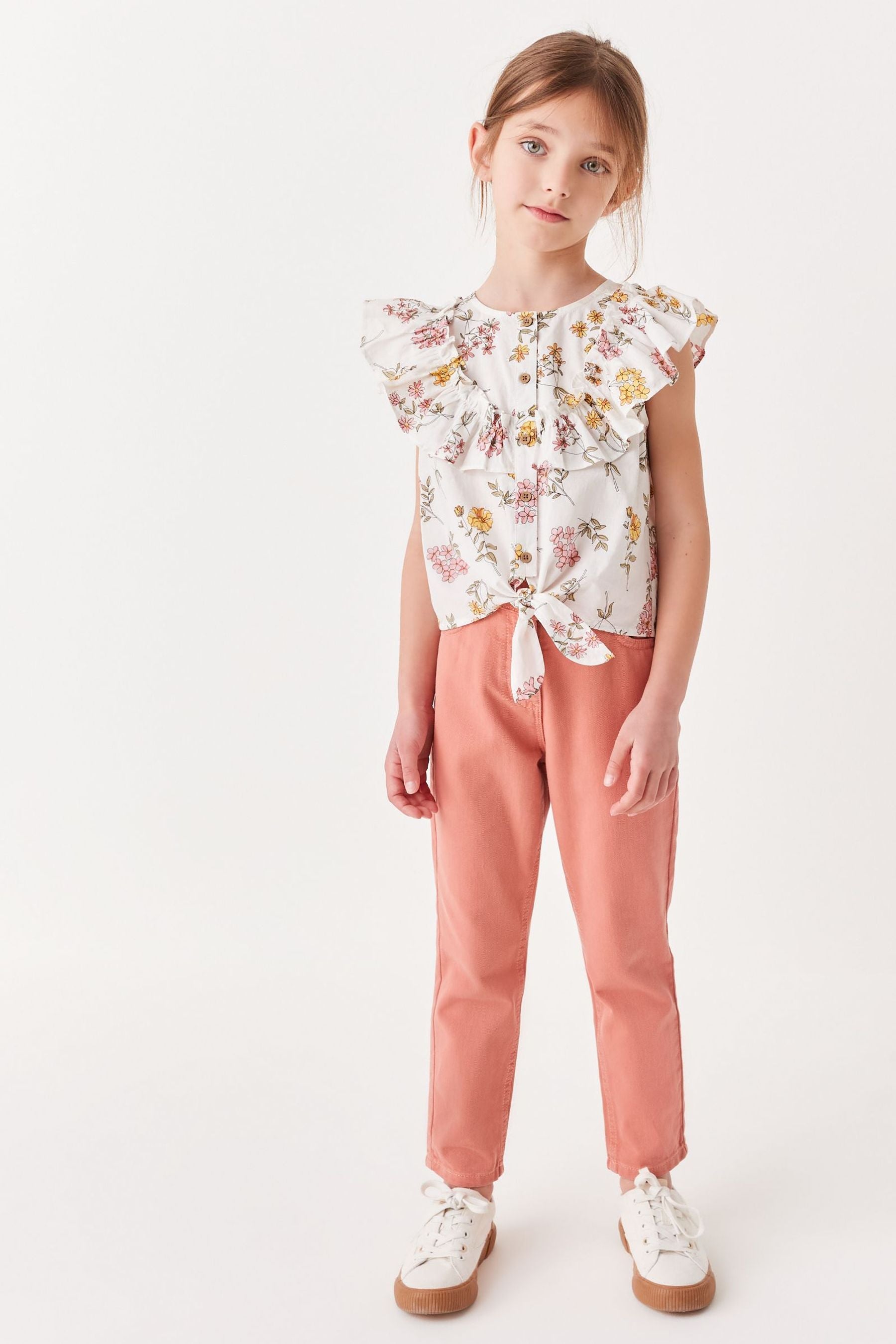 Pink/Yellow Floral Tie Front Frill Blouse (3-16yrs)