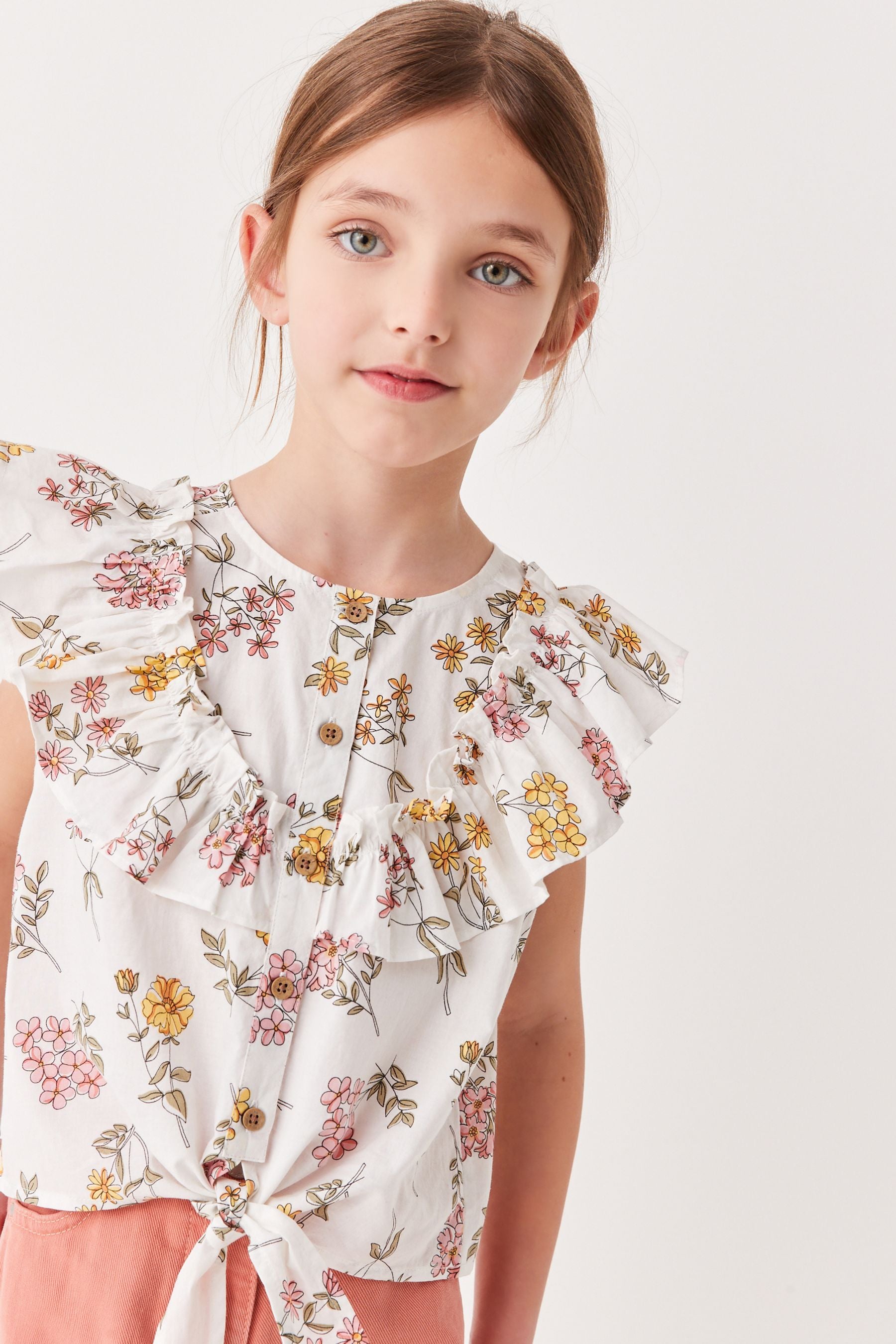 Pink/Yellow Floral Tie Front Frill Blouse (3-16yrs)