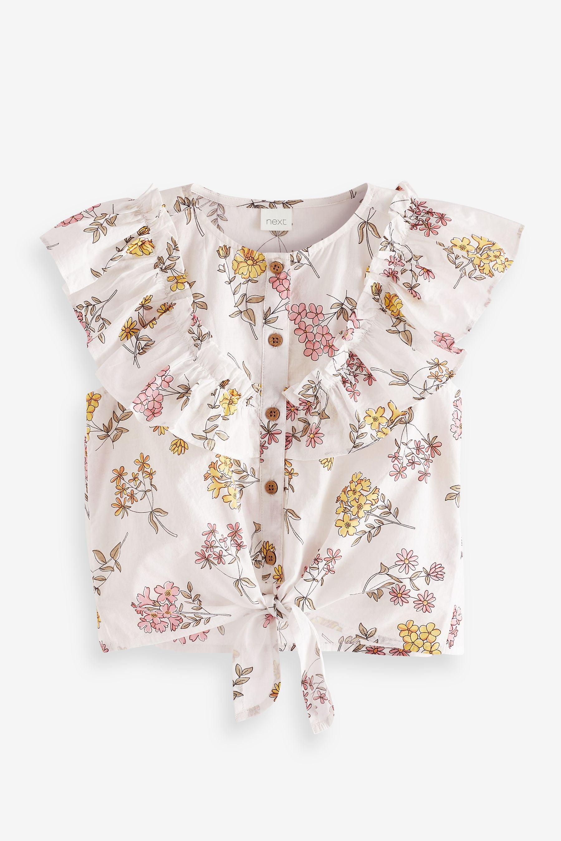 Pink/Yellow Floral Tie Front Frill Blouse (3-16yrs)