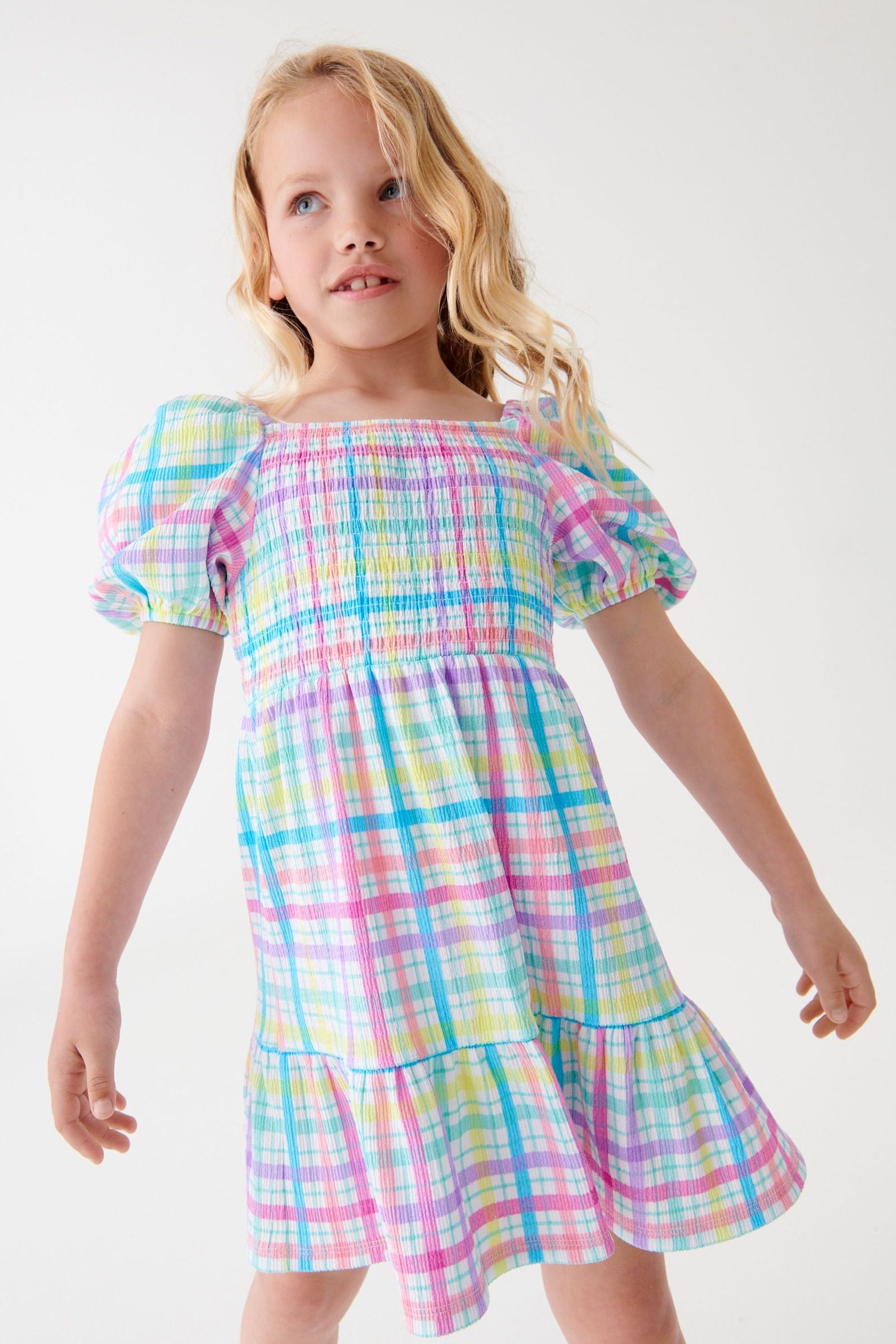 Multi Check Shirred Detail Dress (3-16yrs)