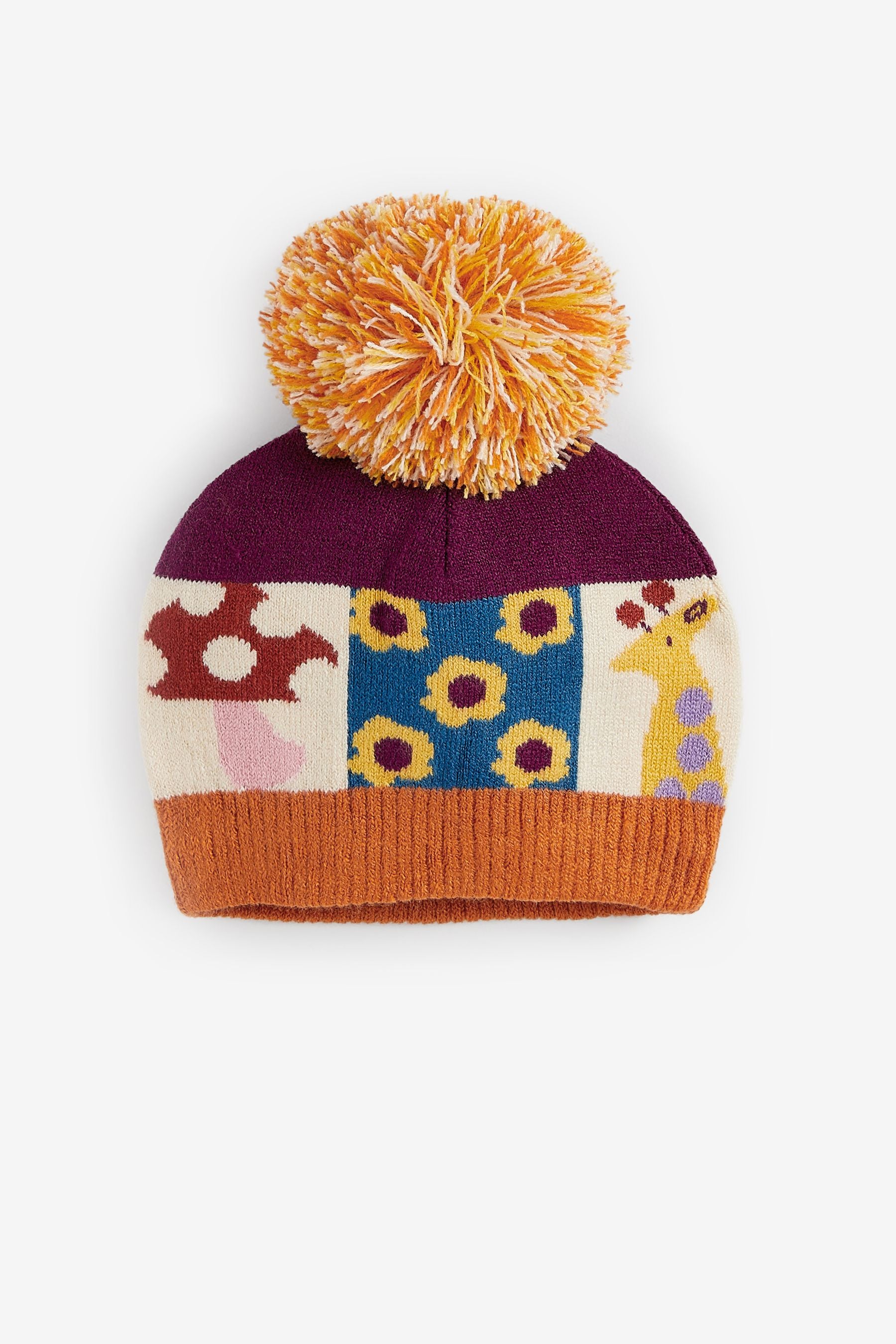 Purple Patchwork Knitted Baby Pom Hat (0mths-2yrs)