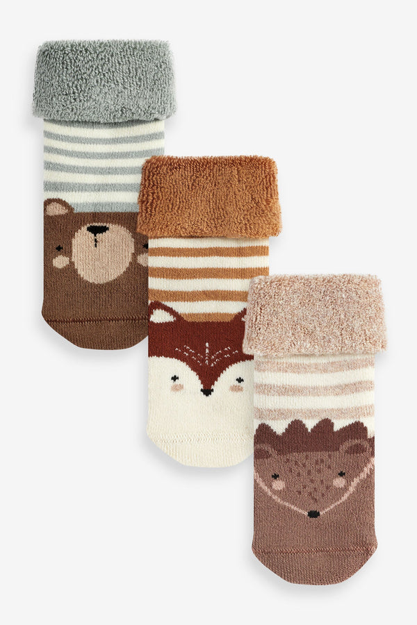 Blue/Rust Brown Woodland 3 Pack Towelling Baby Socks (0mths-2yrs)