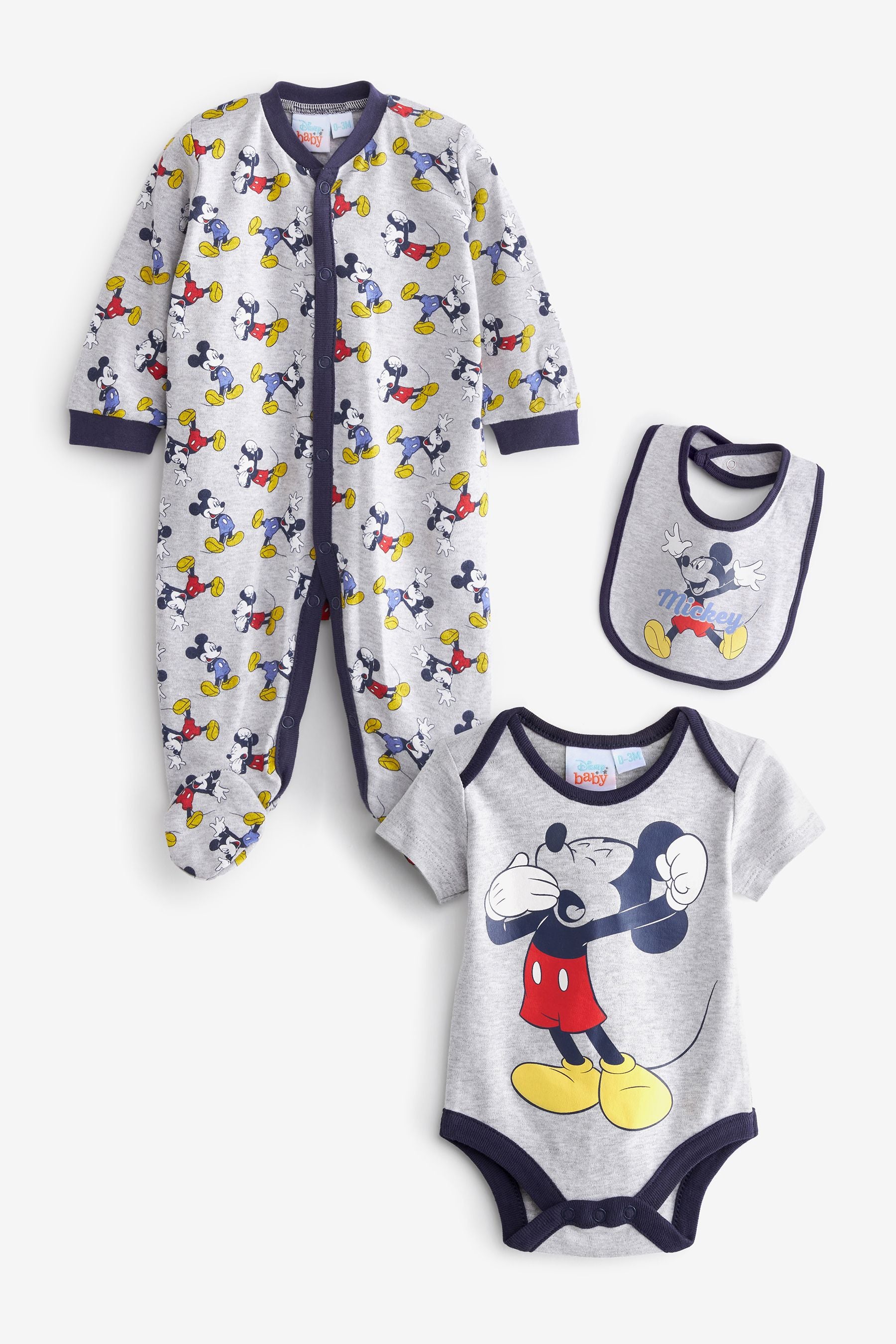 Grey Disney Mickey Mouse Grey Sleepsuit, Bodysuit and Bib Set