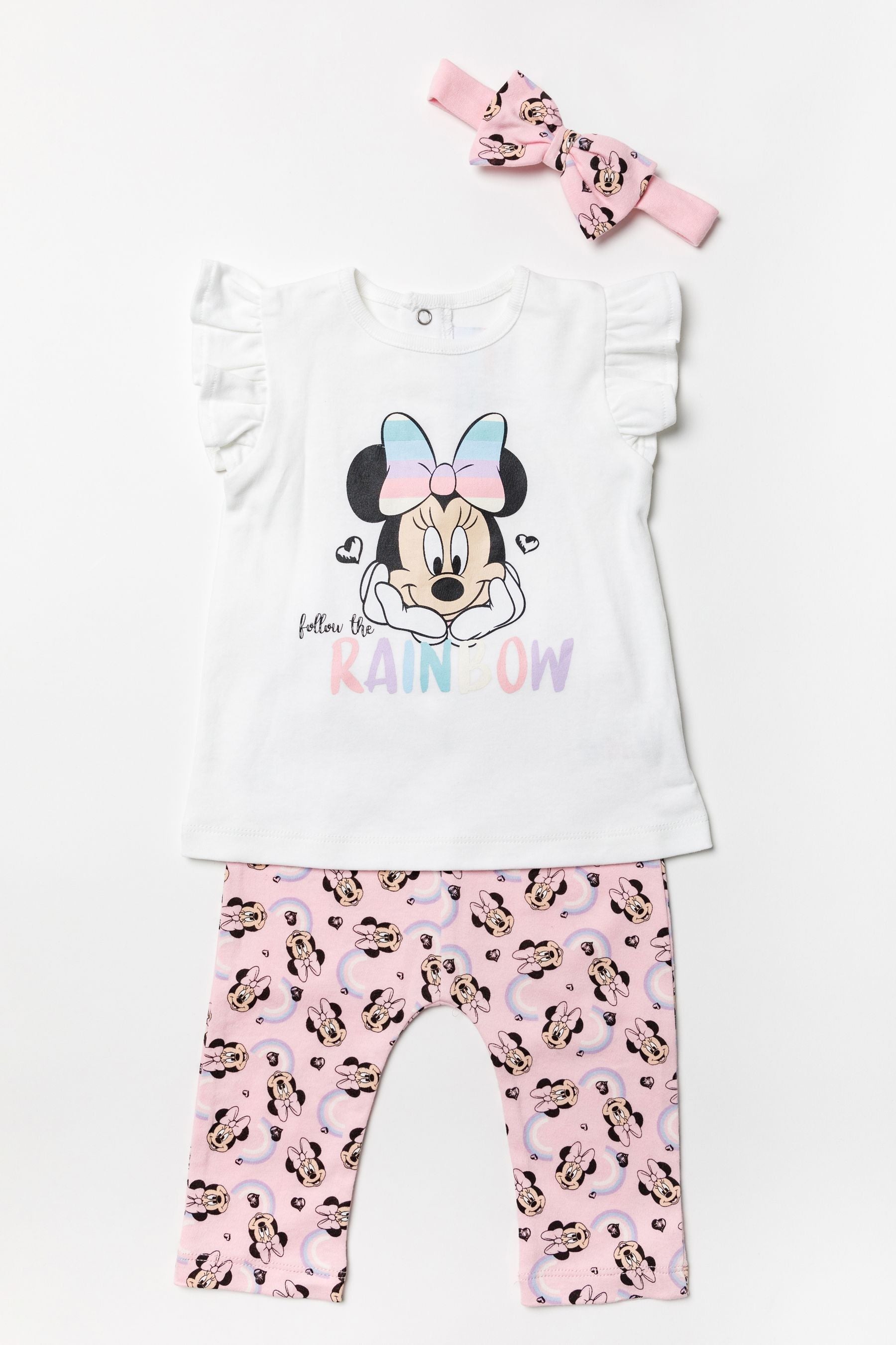 Pink Disney Pink Minnie Mouse Rainbow Top, Leggings and Headband Set