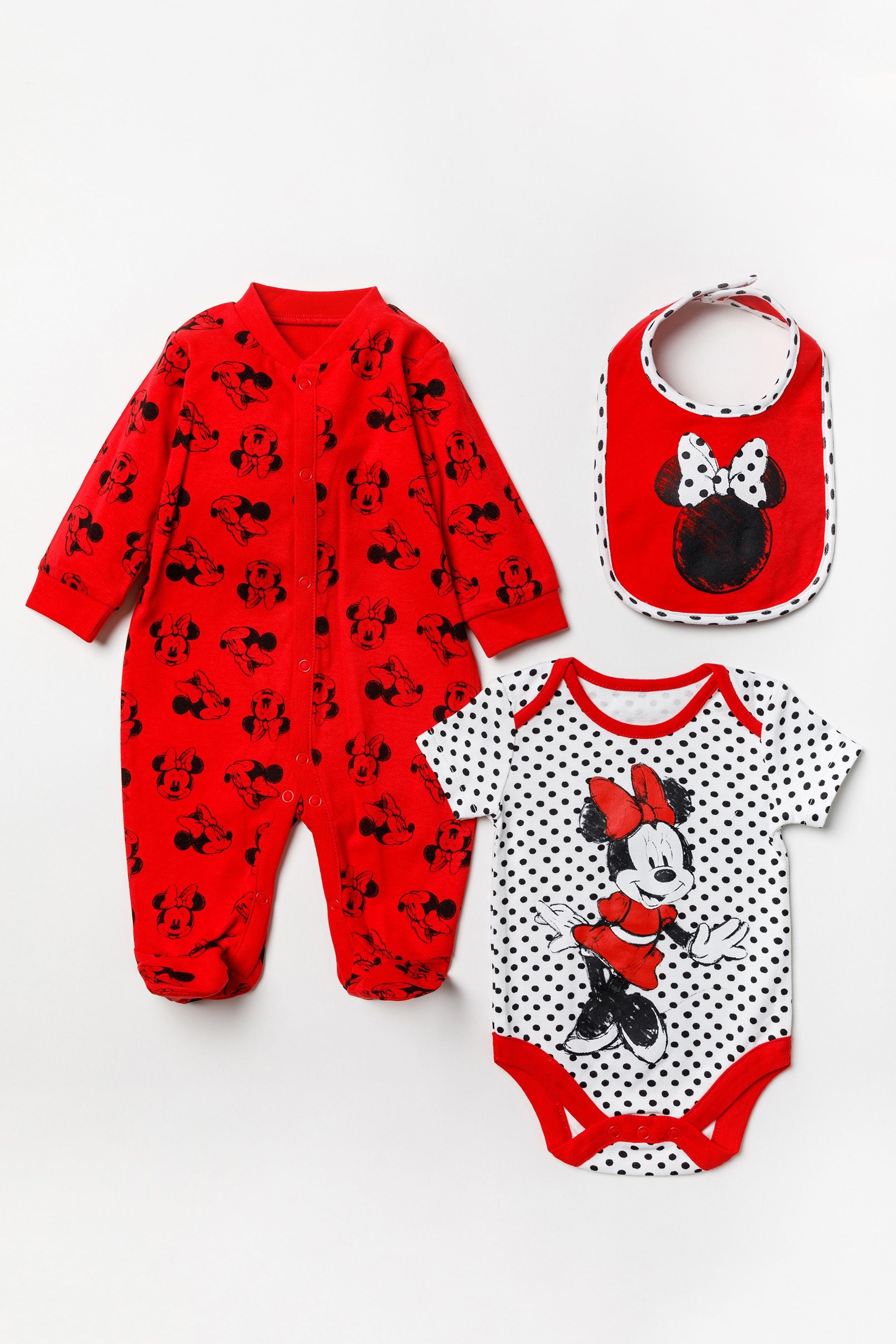 Red Disney Red Minnie Mouse Sleepsuit, Bodysuit And Bib Set