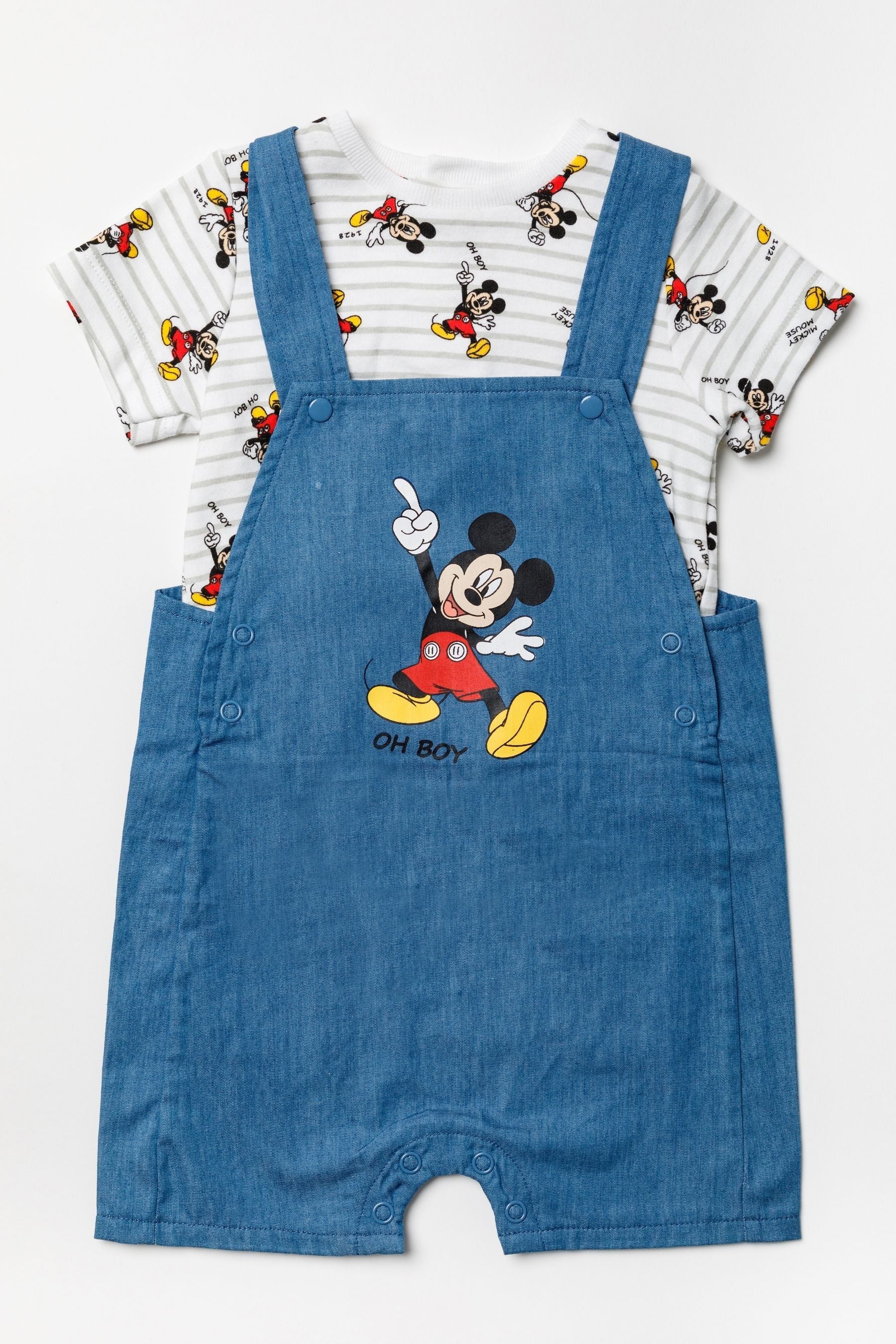 Blue Disney Blue Mickey Mouse Chambray Dungaree And T-Shirt Set