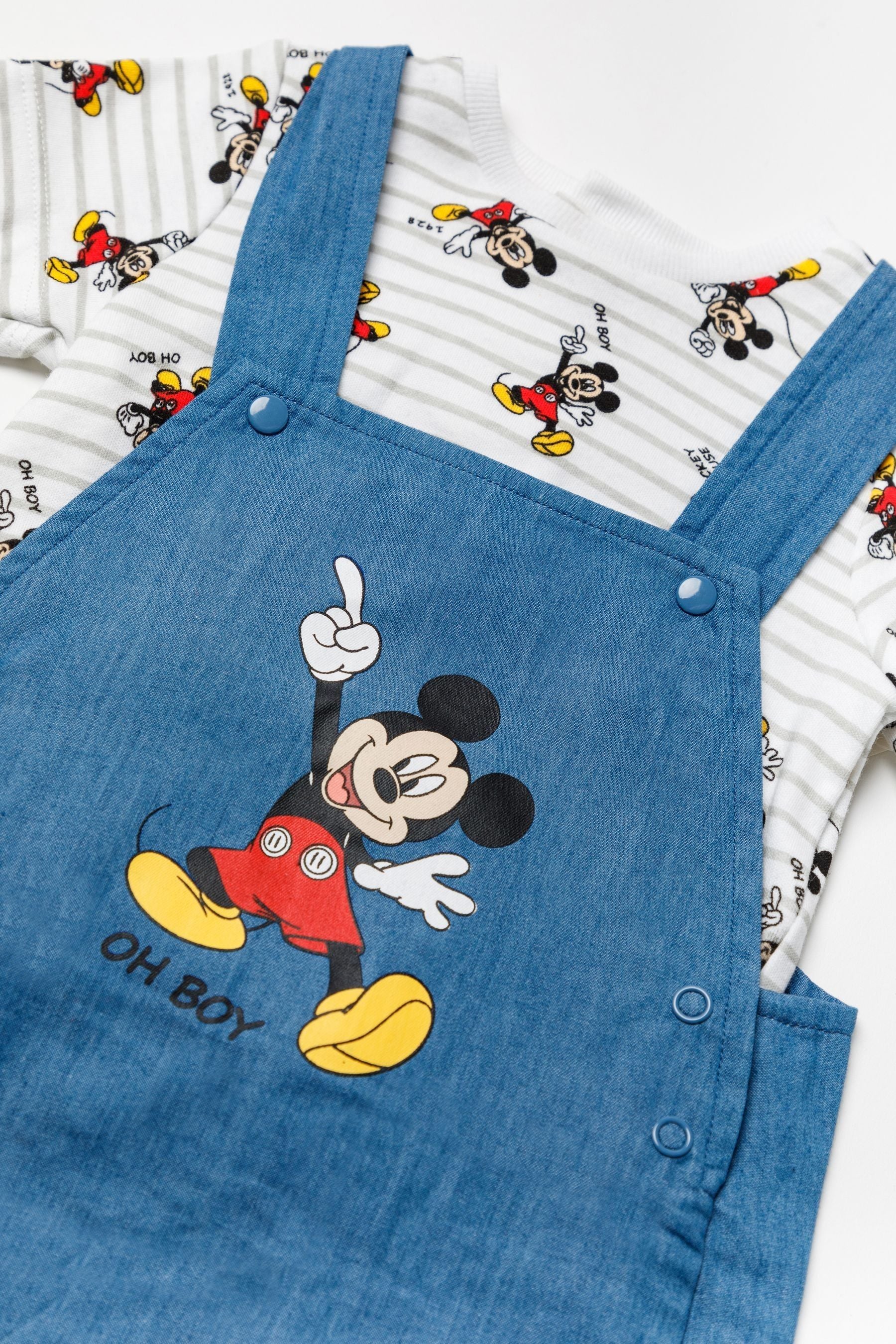 Blue Disney Blue Mickey Mouse Chambray Dungaree And T-Shirt Set