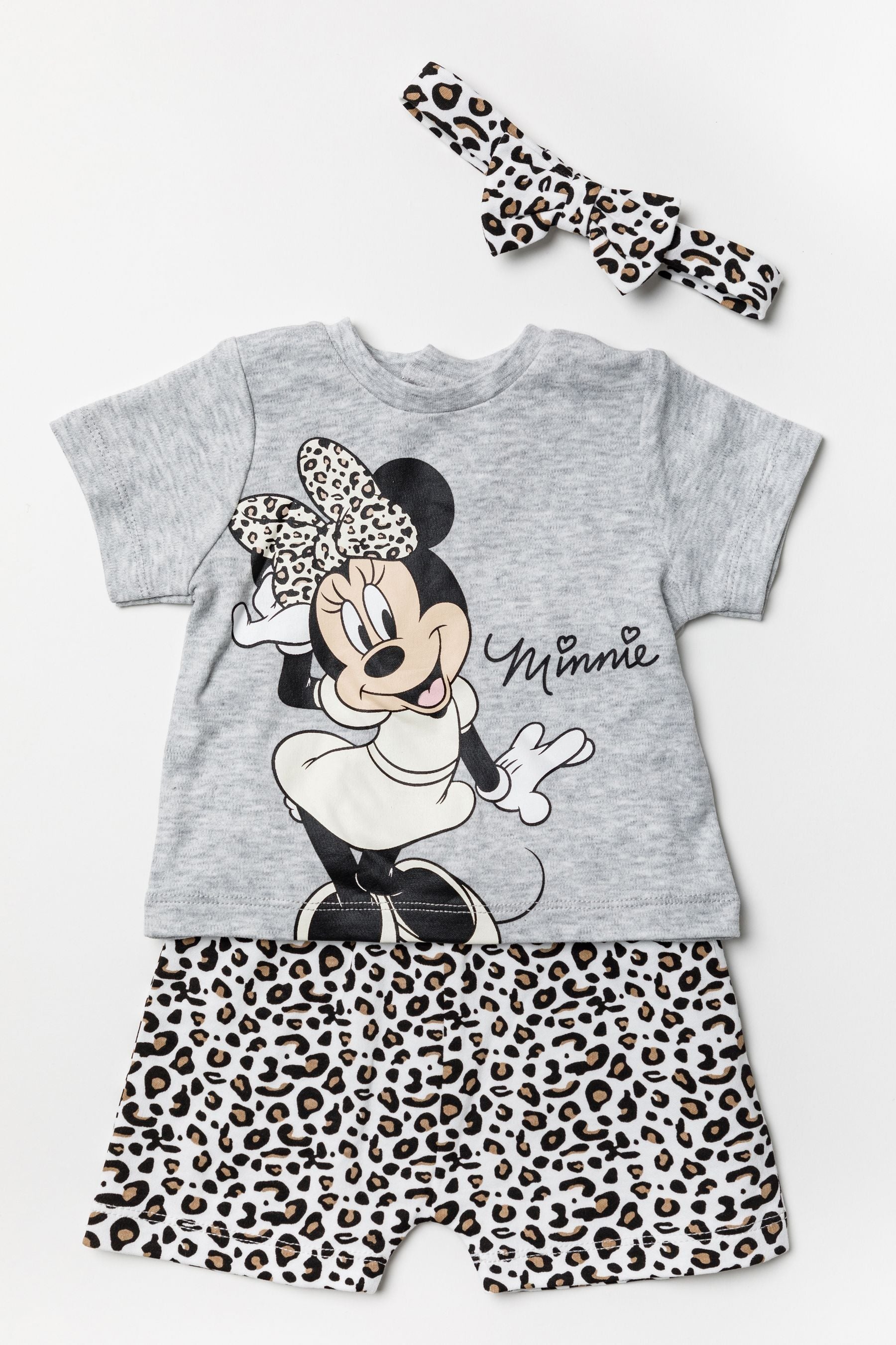 Grey Disney Grey Minnie Mouse Leopard Top, Short And Headband Set