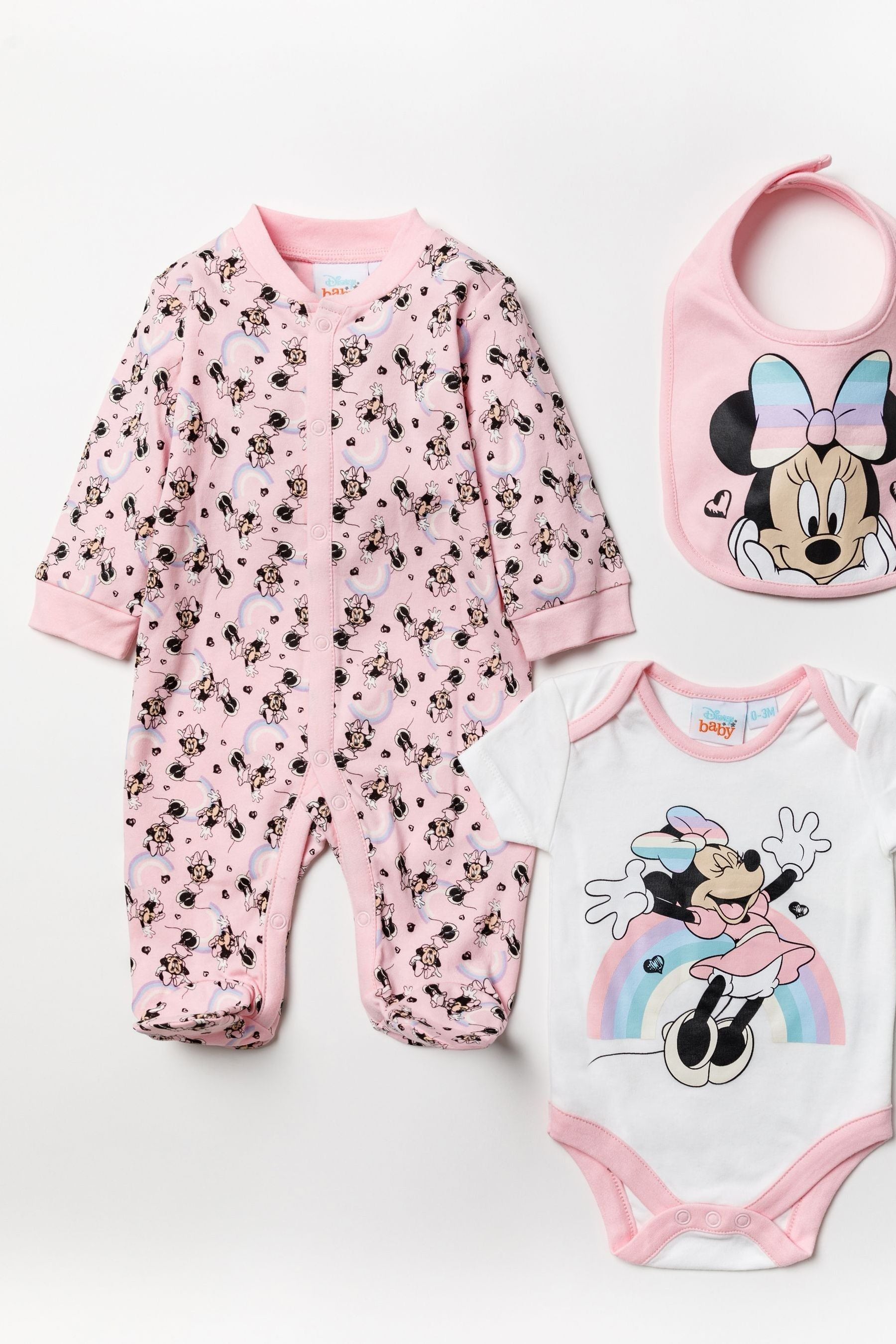 Pink Disney Pink Minnie Mouse Rainbow Sleepsuit, Bodysuit And Bib Set