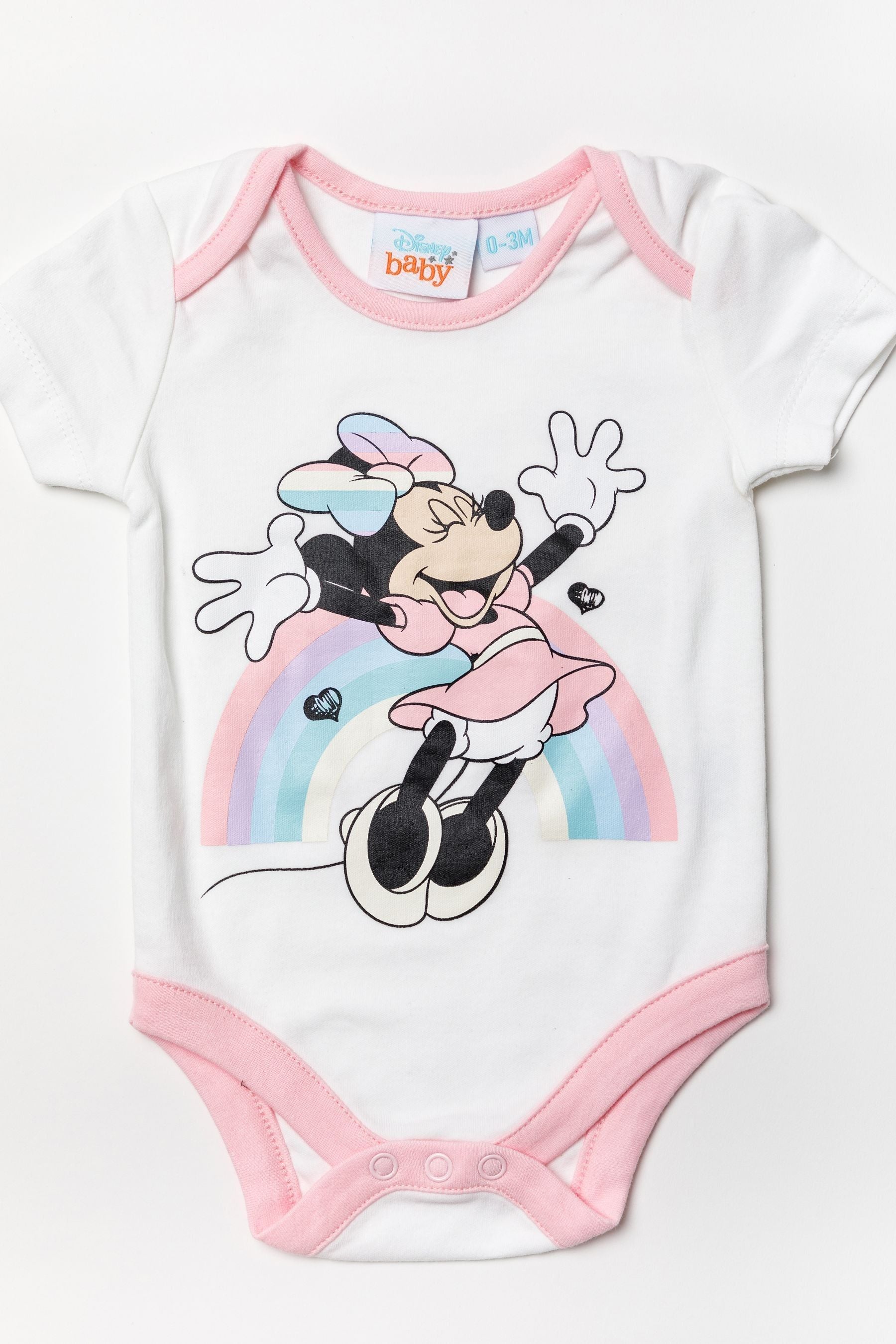 Pink Disney Pink Minnie Mouse Rainbow Sleepsuit, Bodysuit And Bib Set