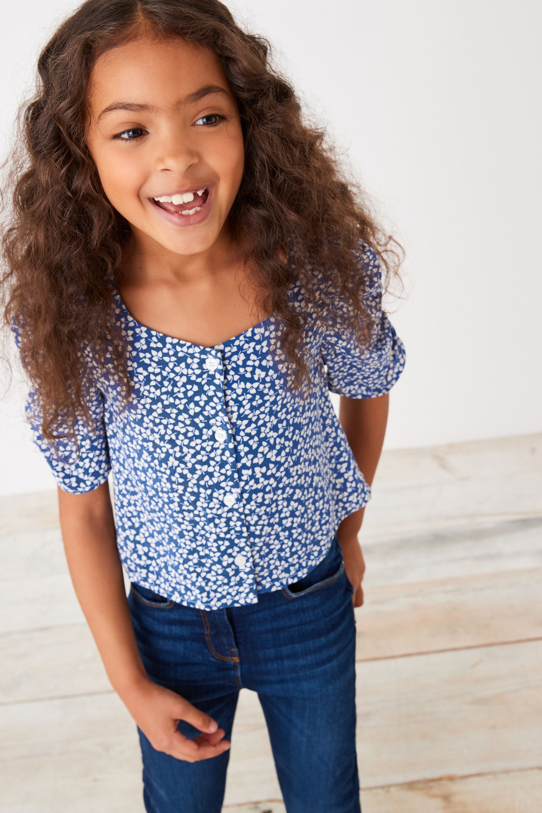 Blue Shirred Sleeve Blouse (3-16yrs)