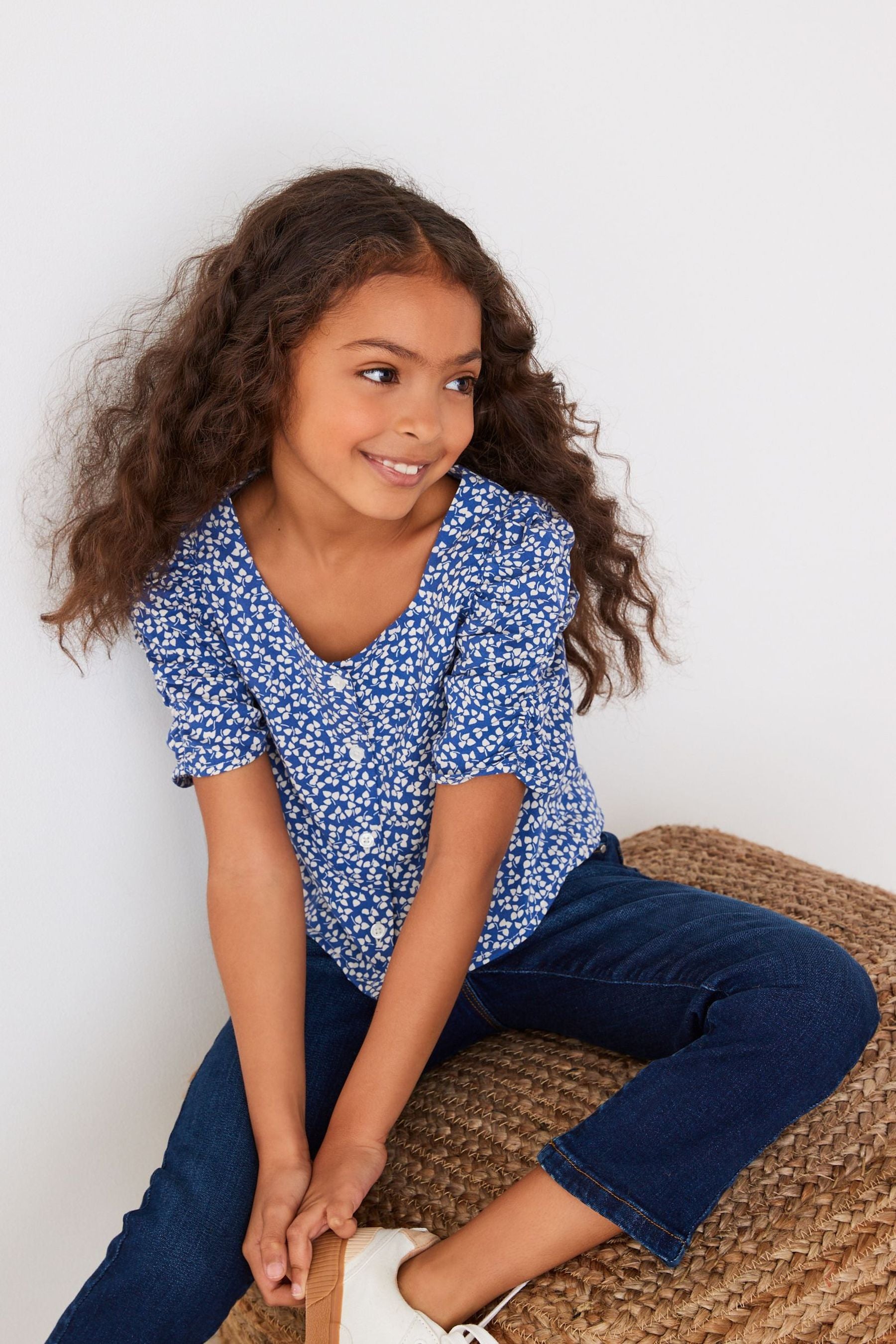 Blue Shirred Sleeve Blouse (3-16yrs)