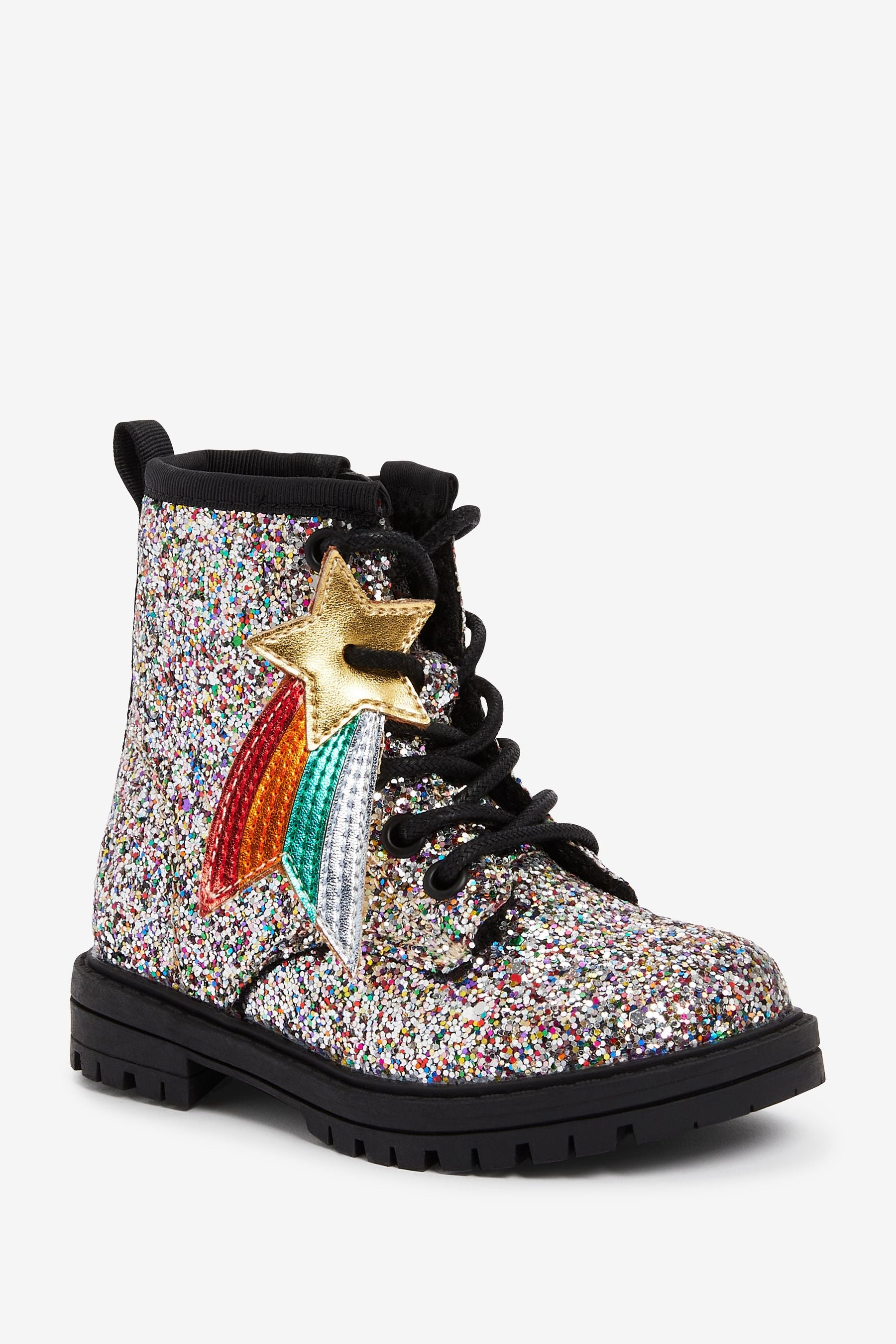 Silver Rainbow Glitter Lace-Up Boots