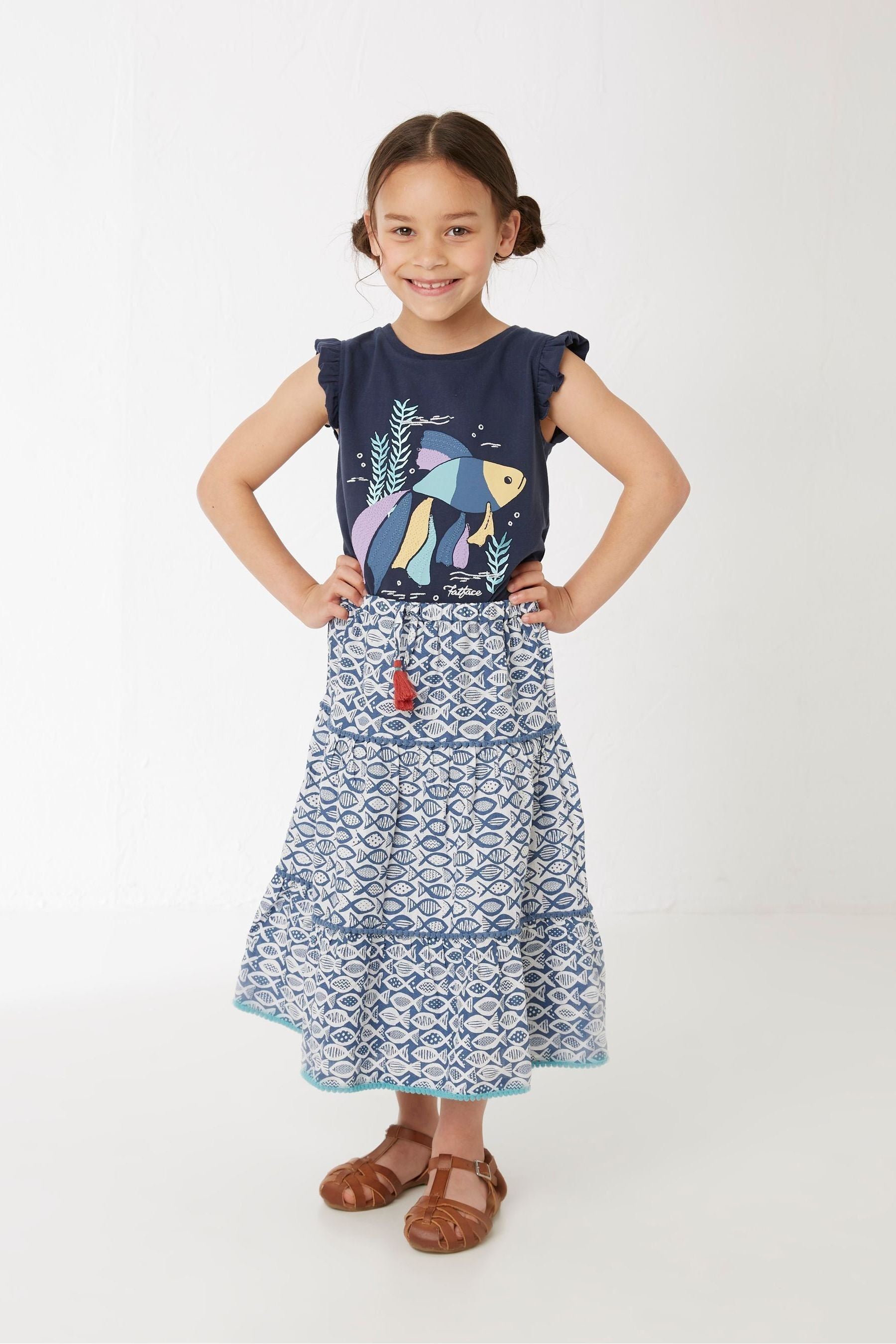 FatFace Elodie Blue Fish Print Tier Skirt