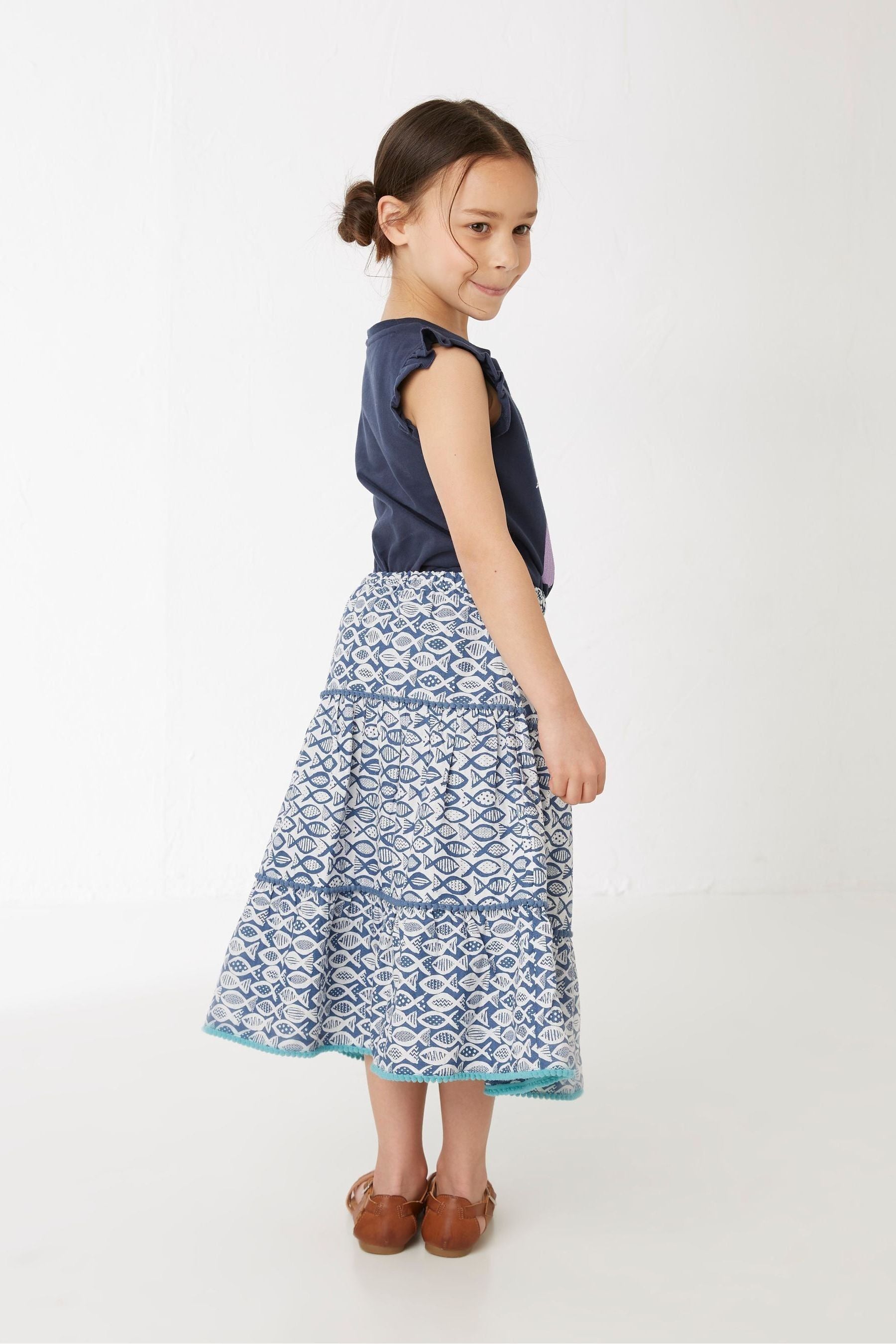 FatFace Elodie Blue Fish Print Tier Skirt