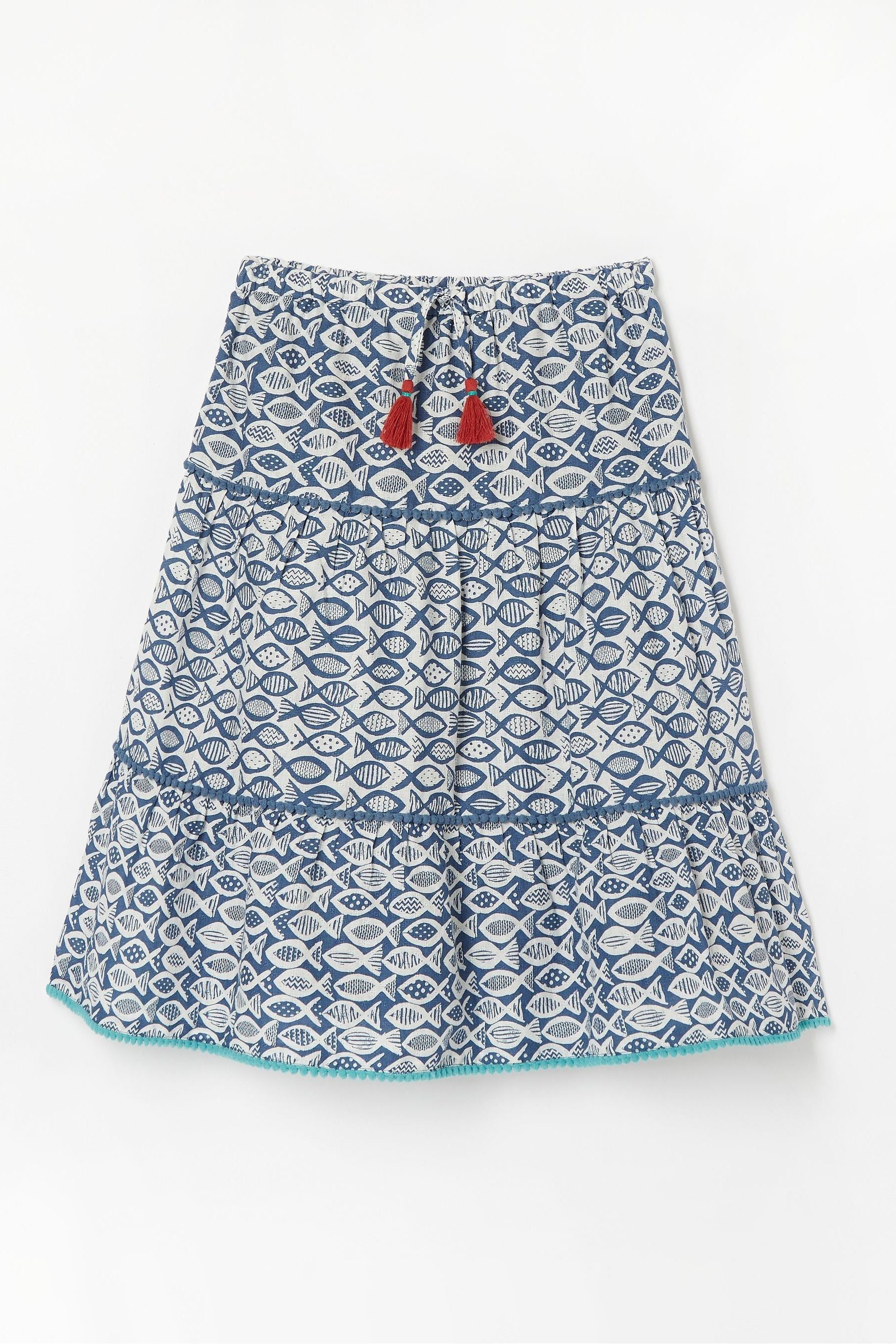 FatFace Elodie Blue Fish Print Tier Skirt