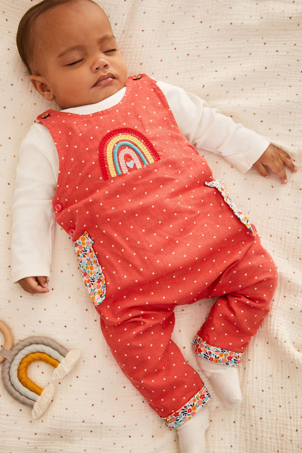 Pink Rainbow Baby 2 Piece Woven Dungarees And Bodysuit (0mths-3yrs)