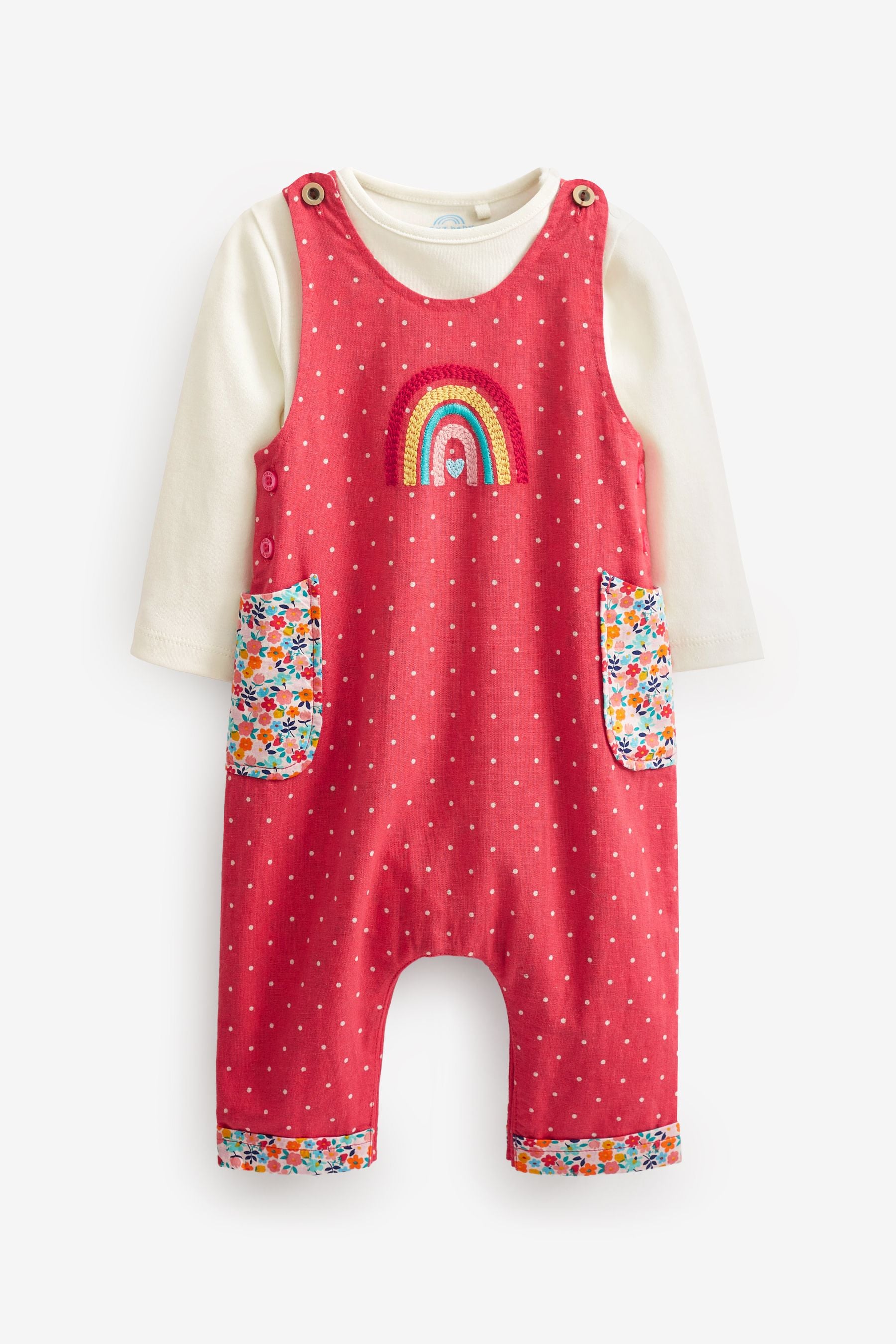 Pink Rainbow Baby 2 Piece Woven Dungarees And Bodysuit (0mths-3yrs)