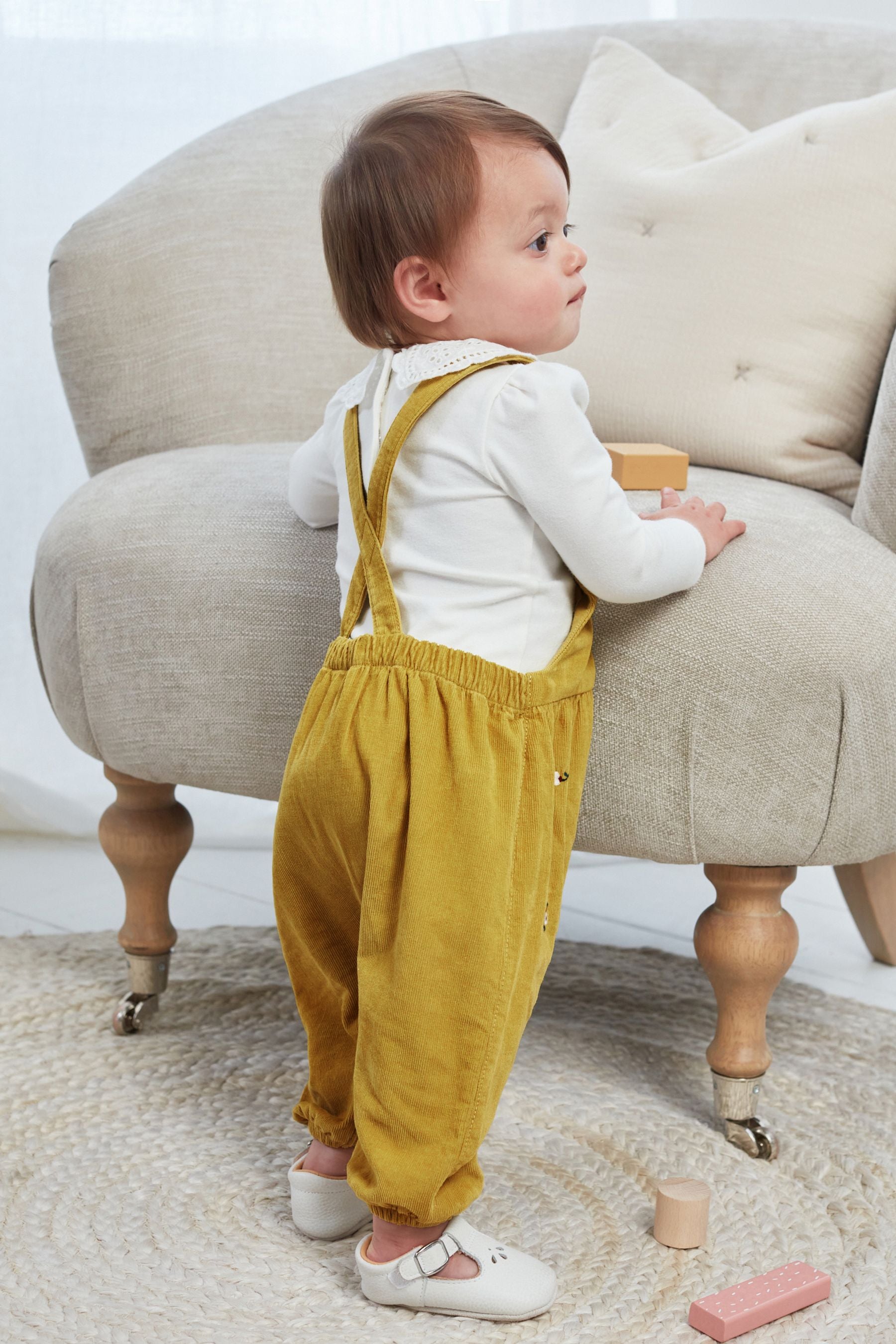 Citrine Yellow Green Floral Embroidered Cord Baby Dungarees With Collared Bodysuit (0mths-3yrs)