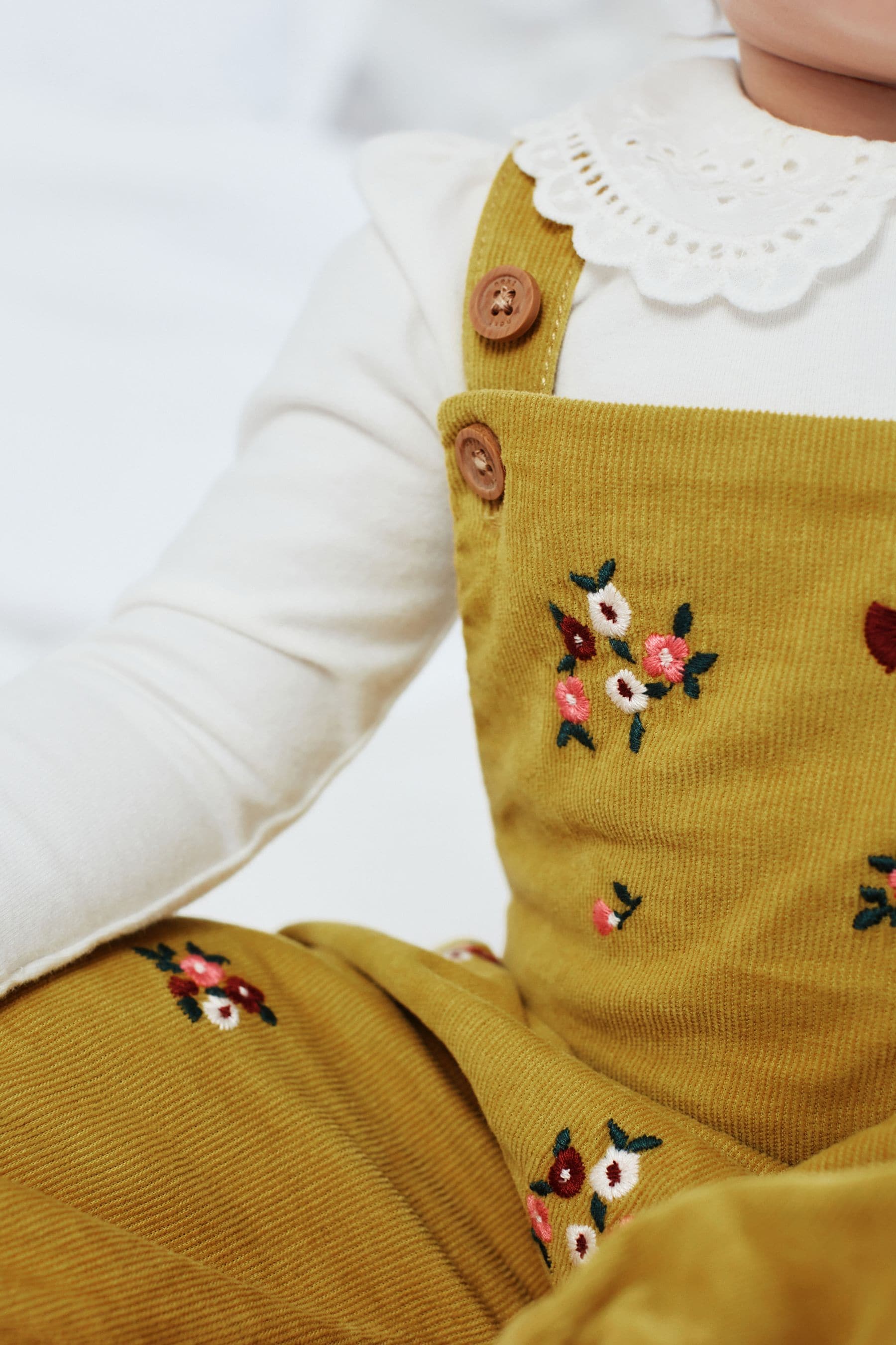 Citrine Yellow Green Floral Embroidered Cord Baby Dungarees With Collared Bodysuit (0mths-3yrs)