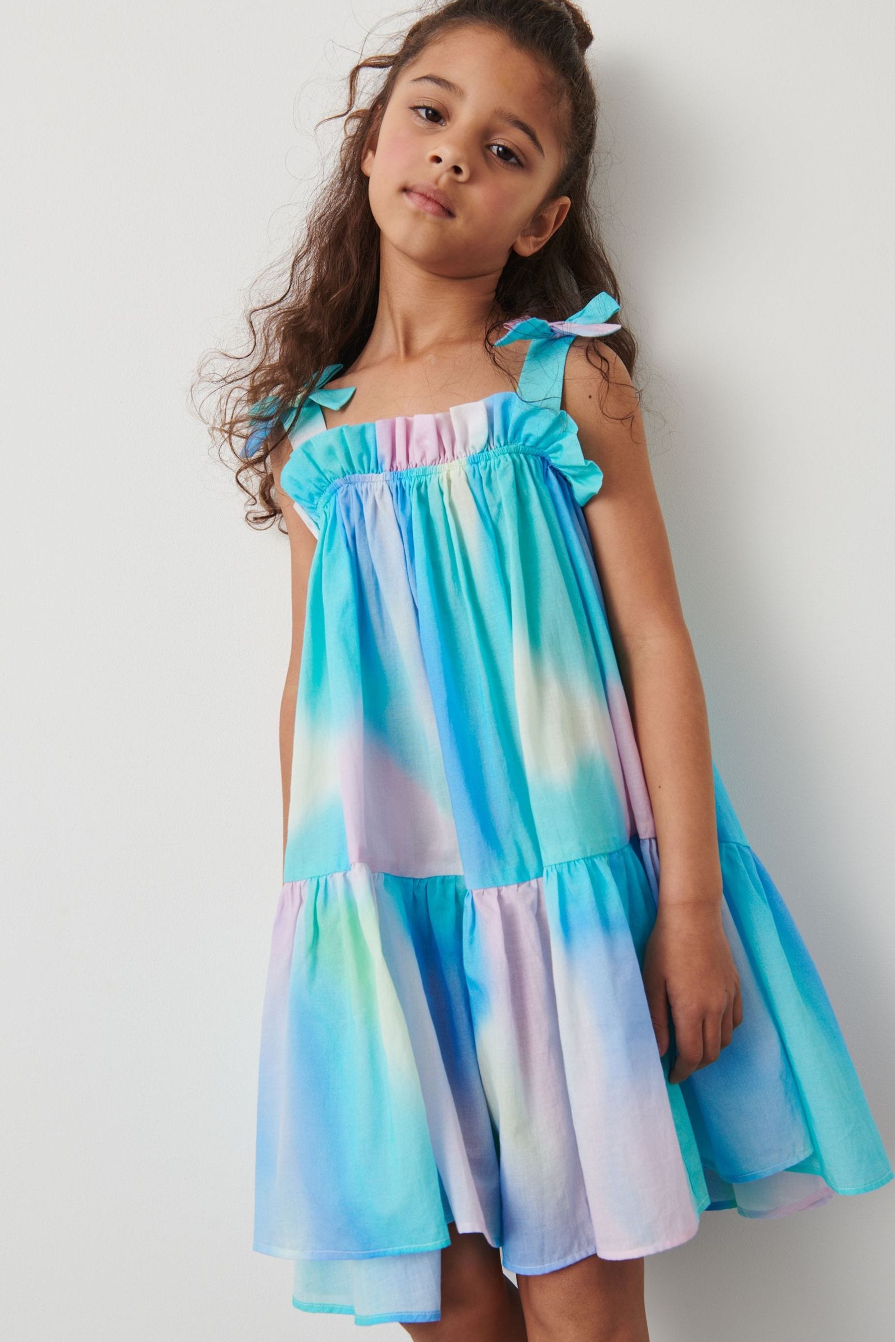 Blue/Pink Tie-Dye Tie Shoulder Printed Summer Dress (3-16yrs)