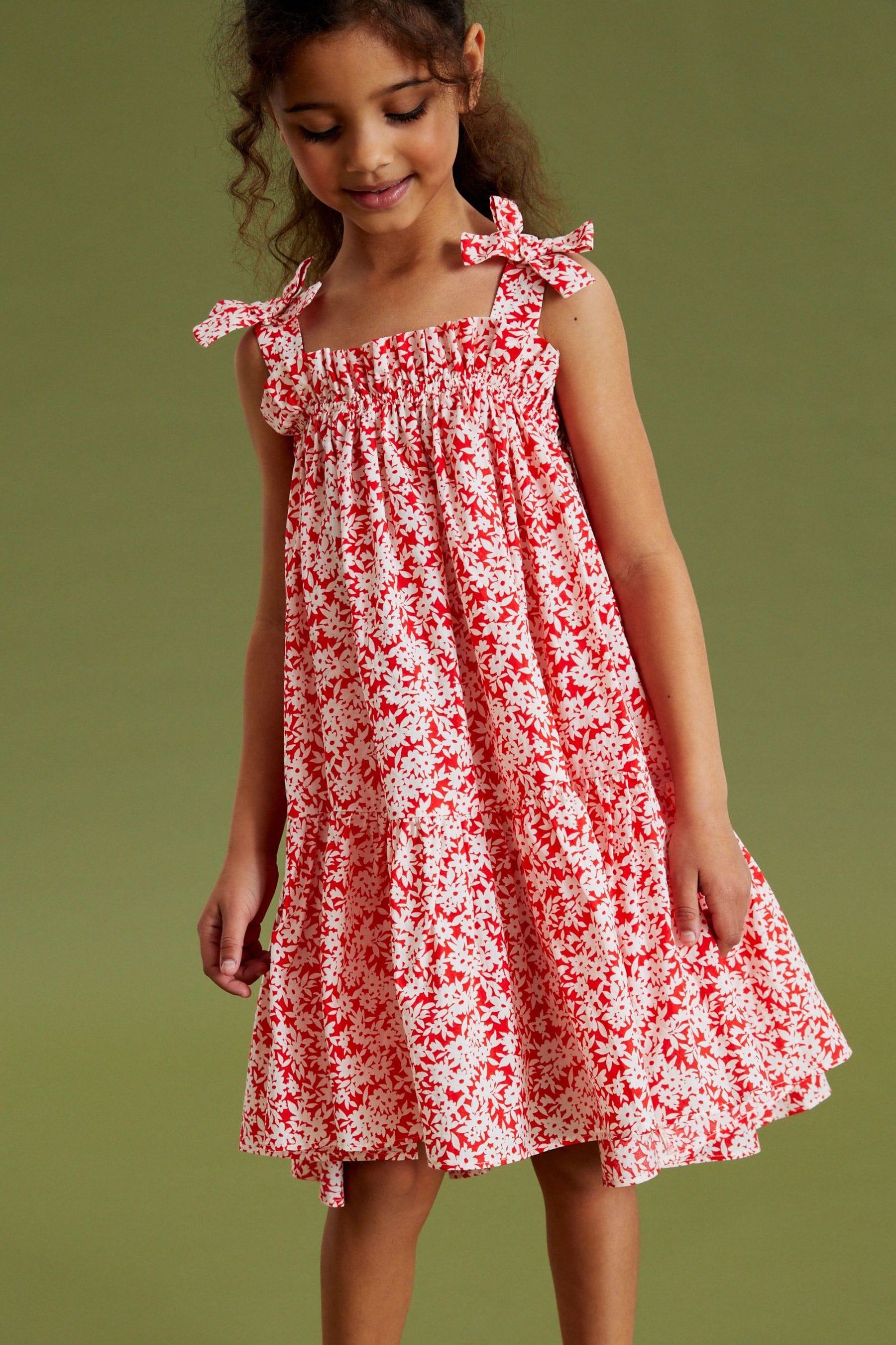 Red Ditsy Tie Shoulder Printed Summer Dress (3-16yrs)