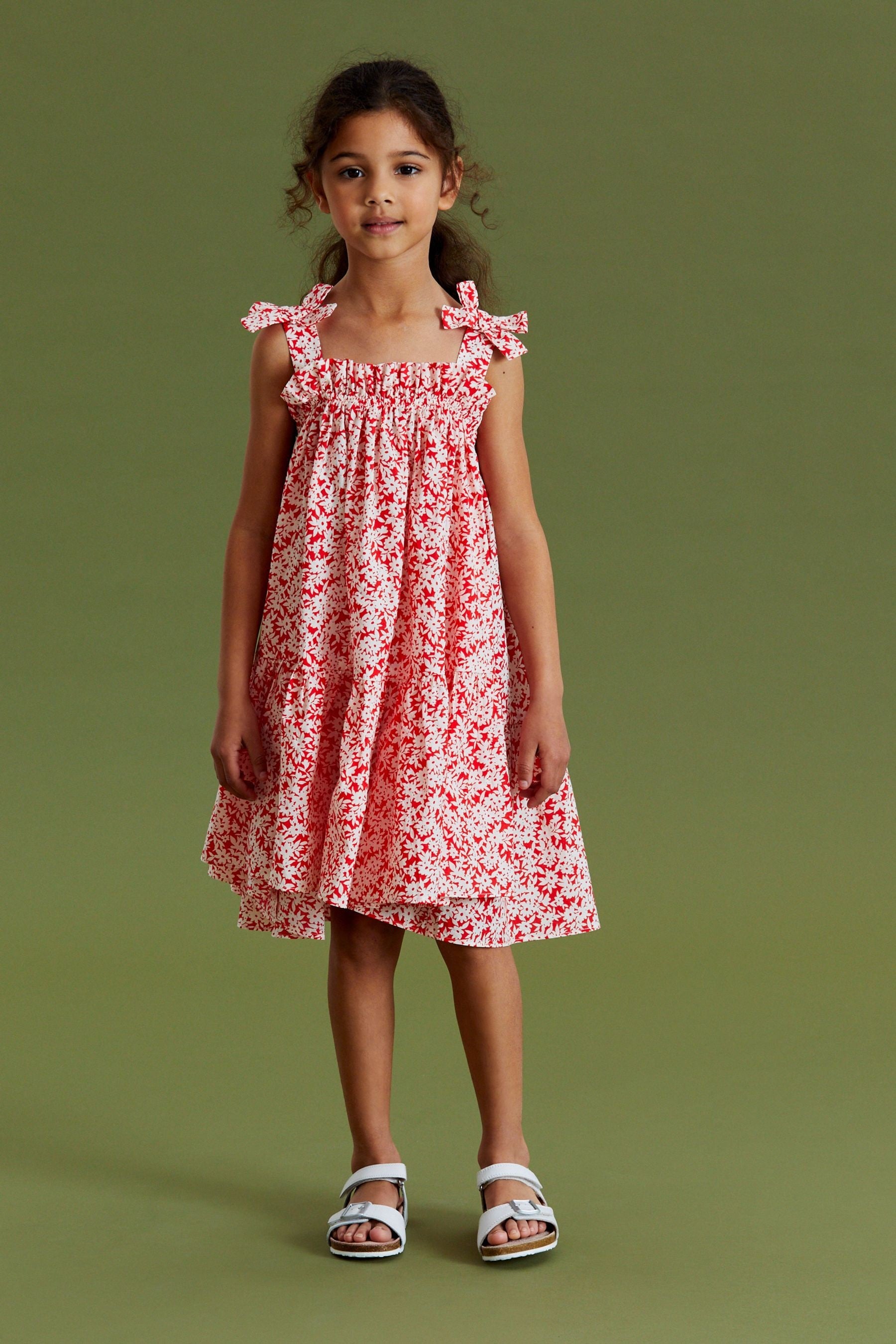 Red Ditsy Tie Shoulder Printed Summer Dress (3-16yrs)