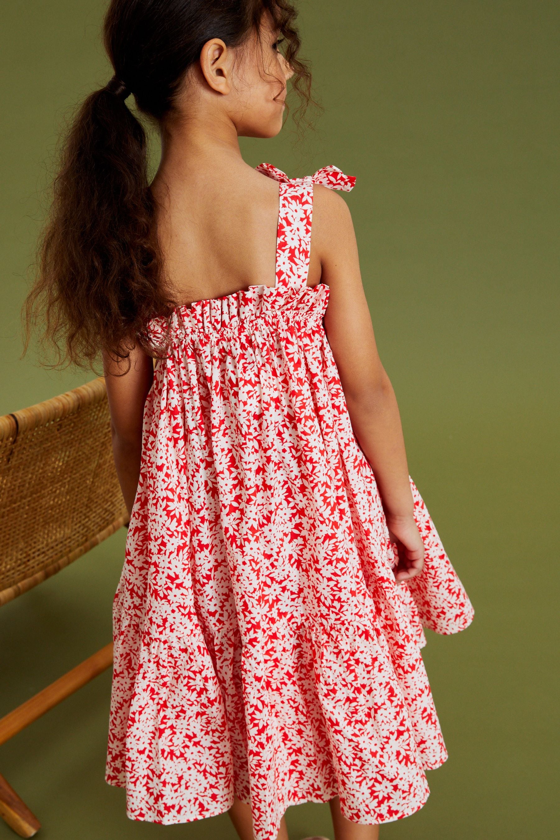 Red Ditsy Tie Shoulder Printed Summer Dress (3-16yrs)