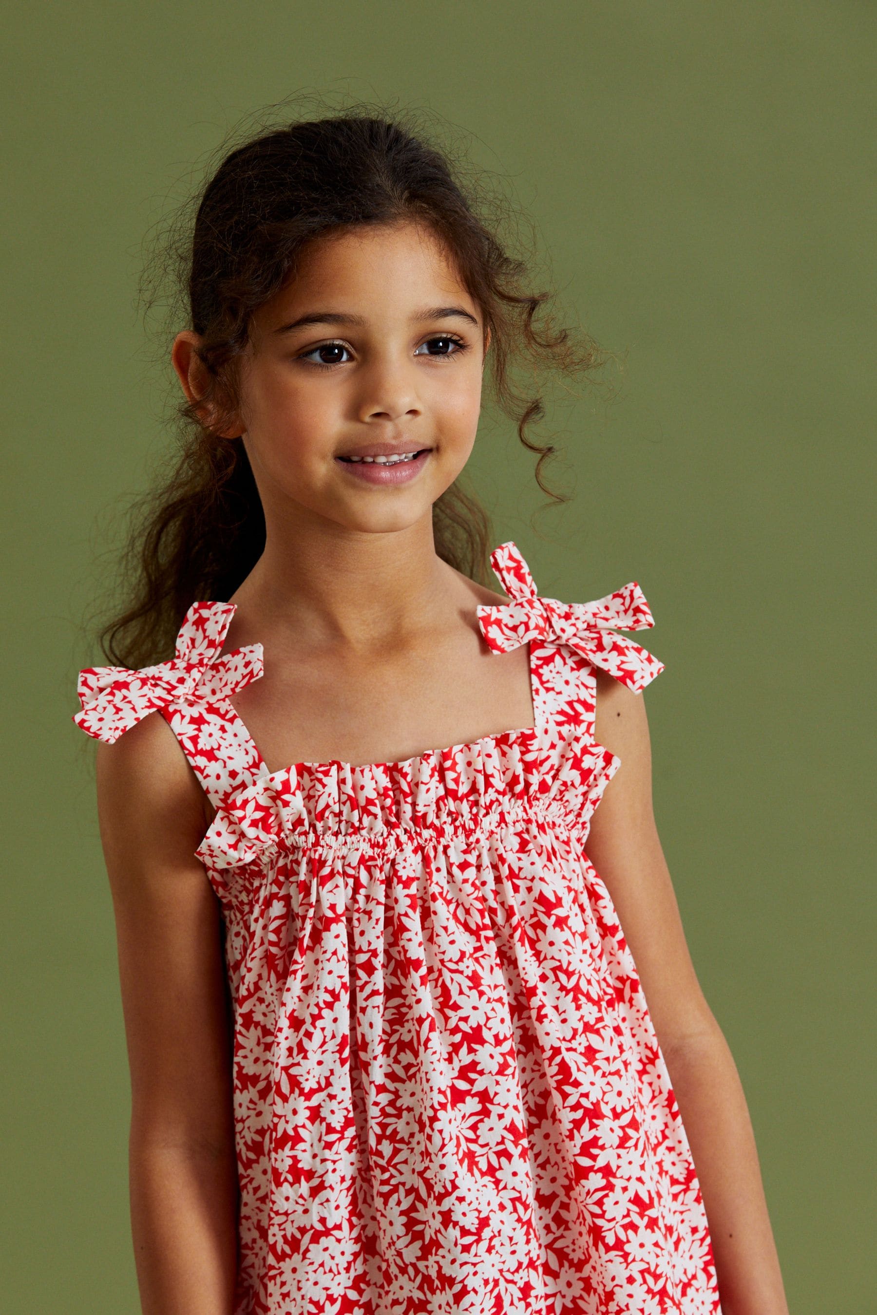 Red Ditsy Tie Shoulder Printed Summer Dress (3-16yrs)