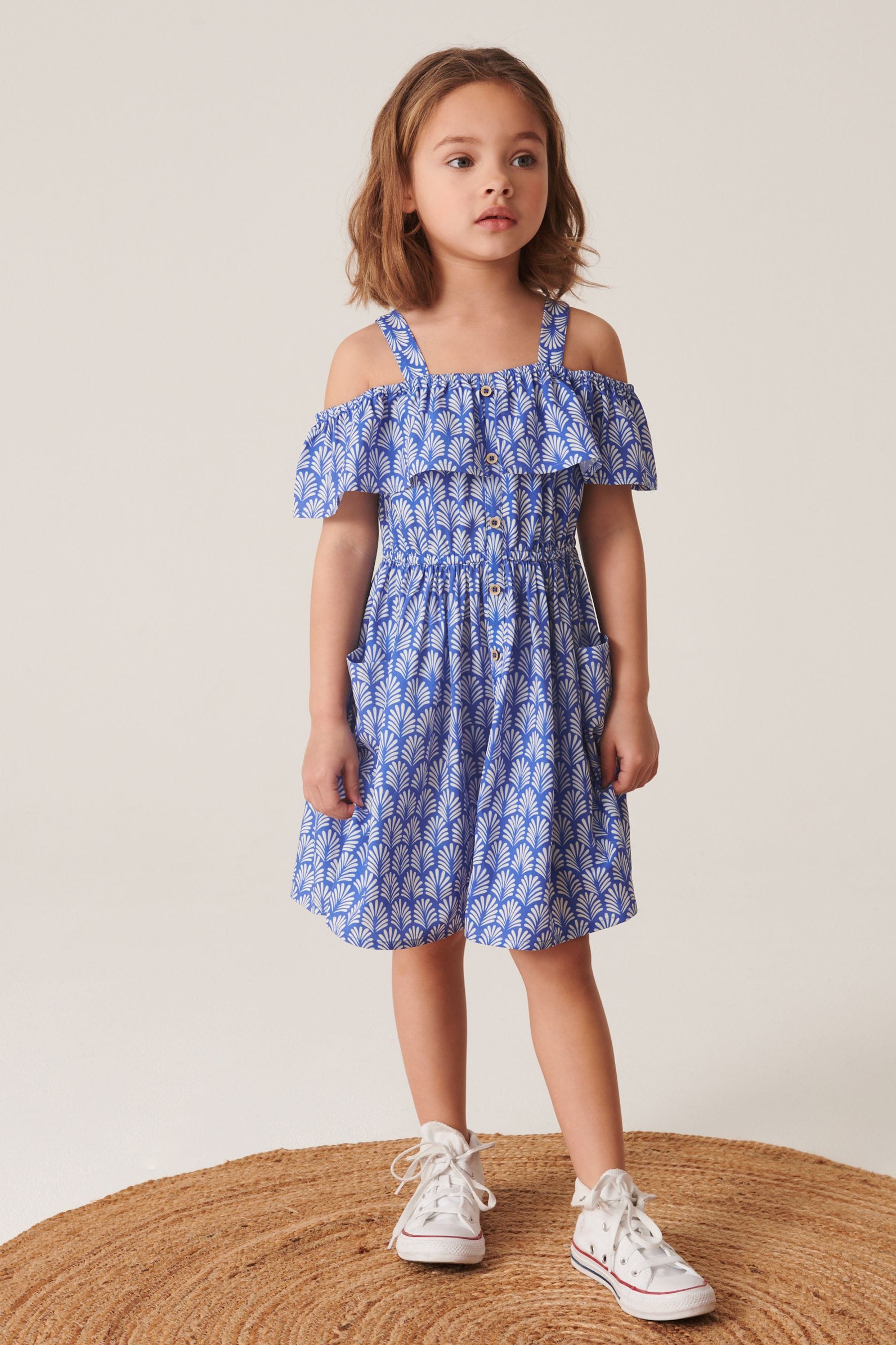 Cobalt Blue Printed Cold-Shoulder Dress (3-16yrs)