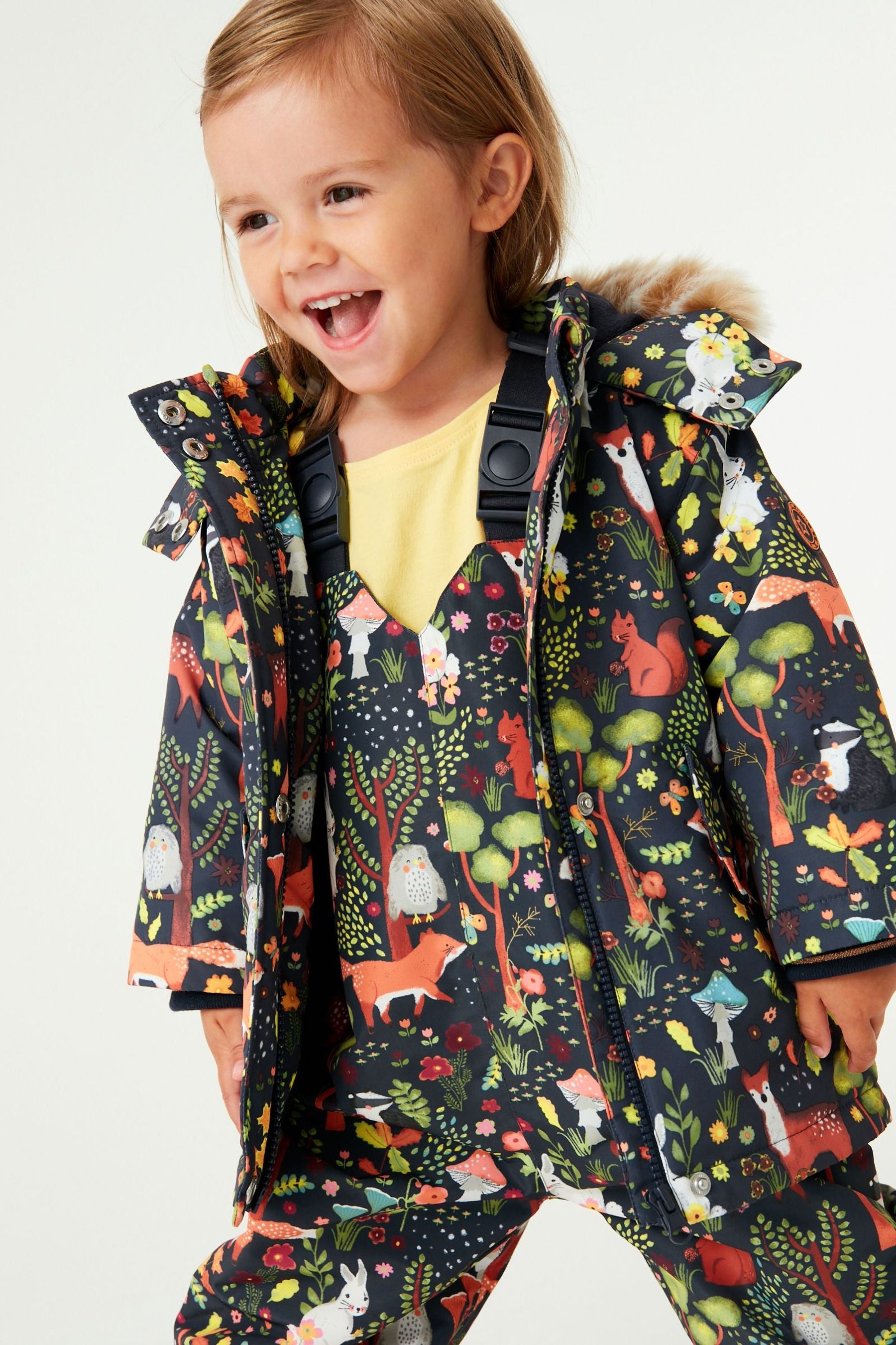 Navy Blue Character Waterproof Printed Padded Coat With Faux Fur Hood (3mths-7yrs)