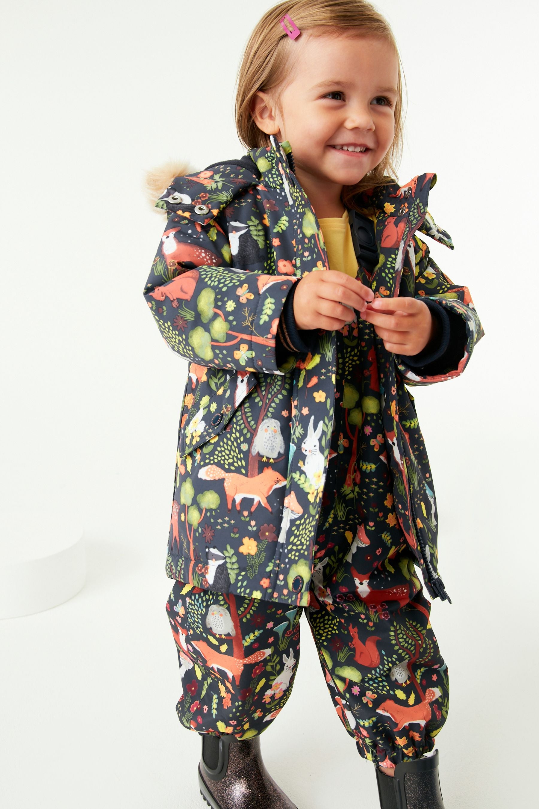 Navy Blue Character Waterproof Printed Padded Coat With Faux Fur Hood (3mths-7yrs)