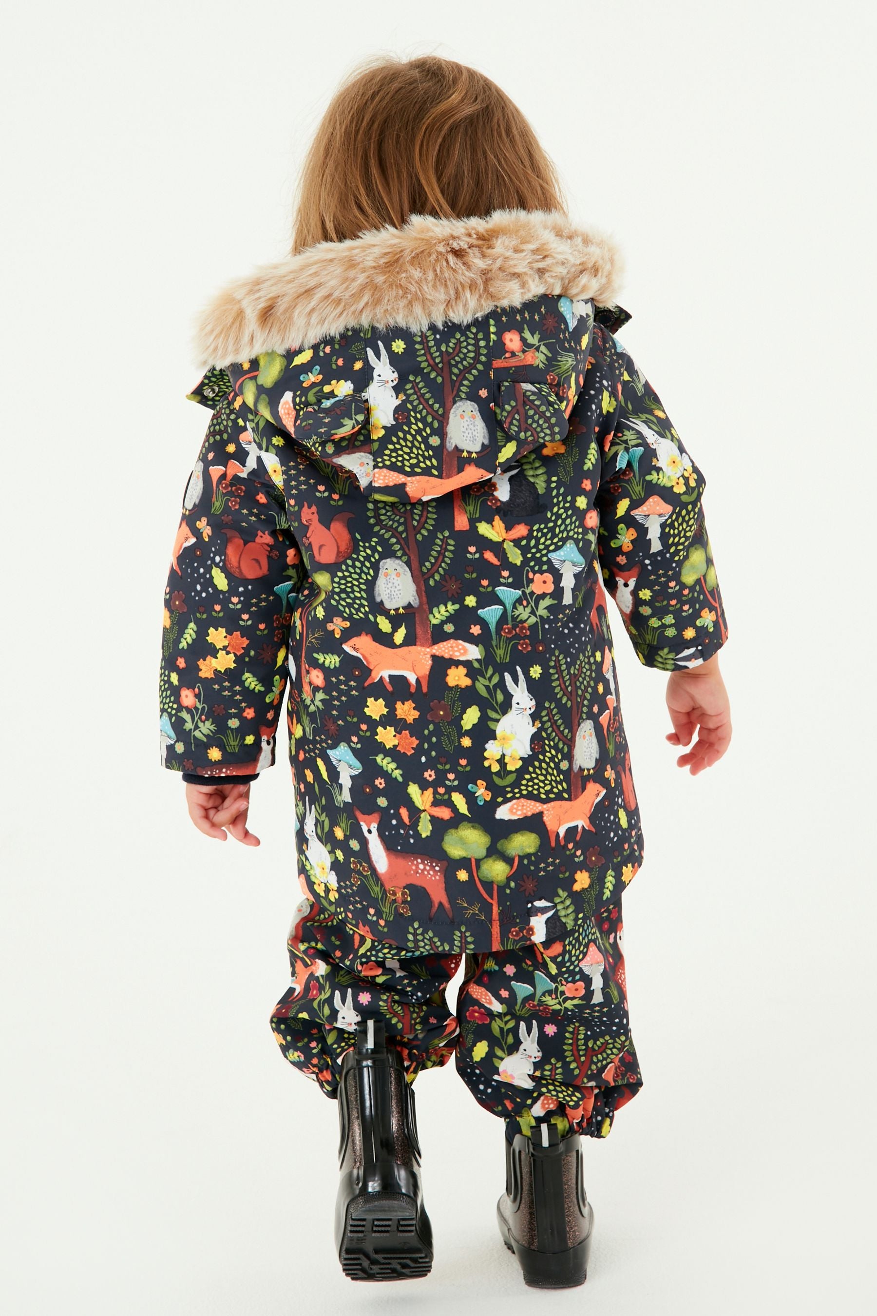 Navy Blue Character Waterproof Printed Padded Coat With Faux Fur Hood (3mths-7yrs)