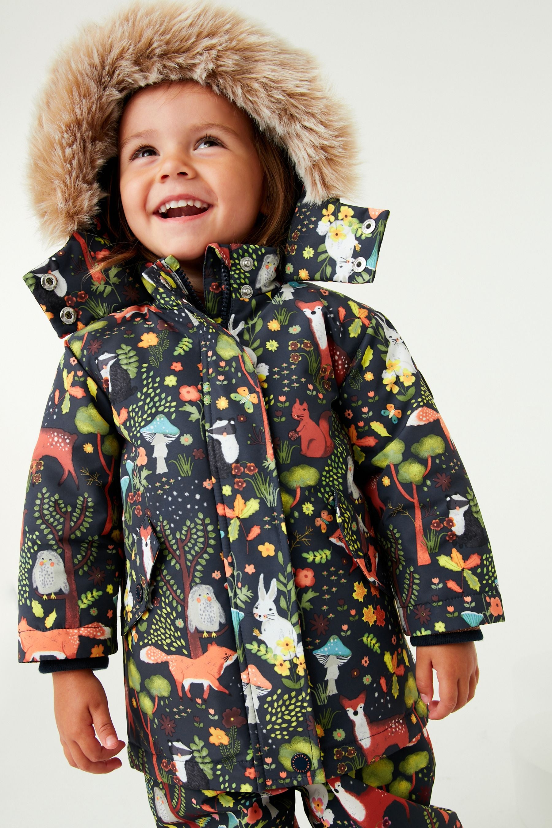 Navy Blue Character Waterproof Printed Padded Coat With Faux Fur Hood (3mths-7yrs)