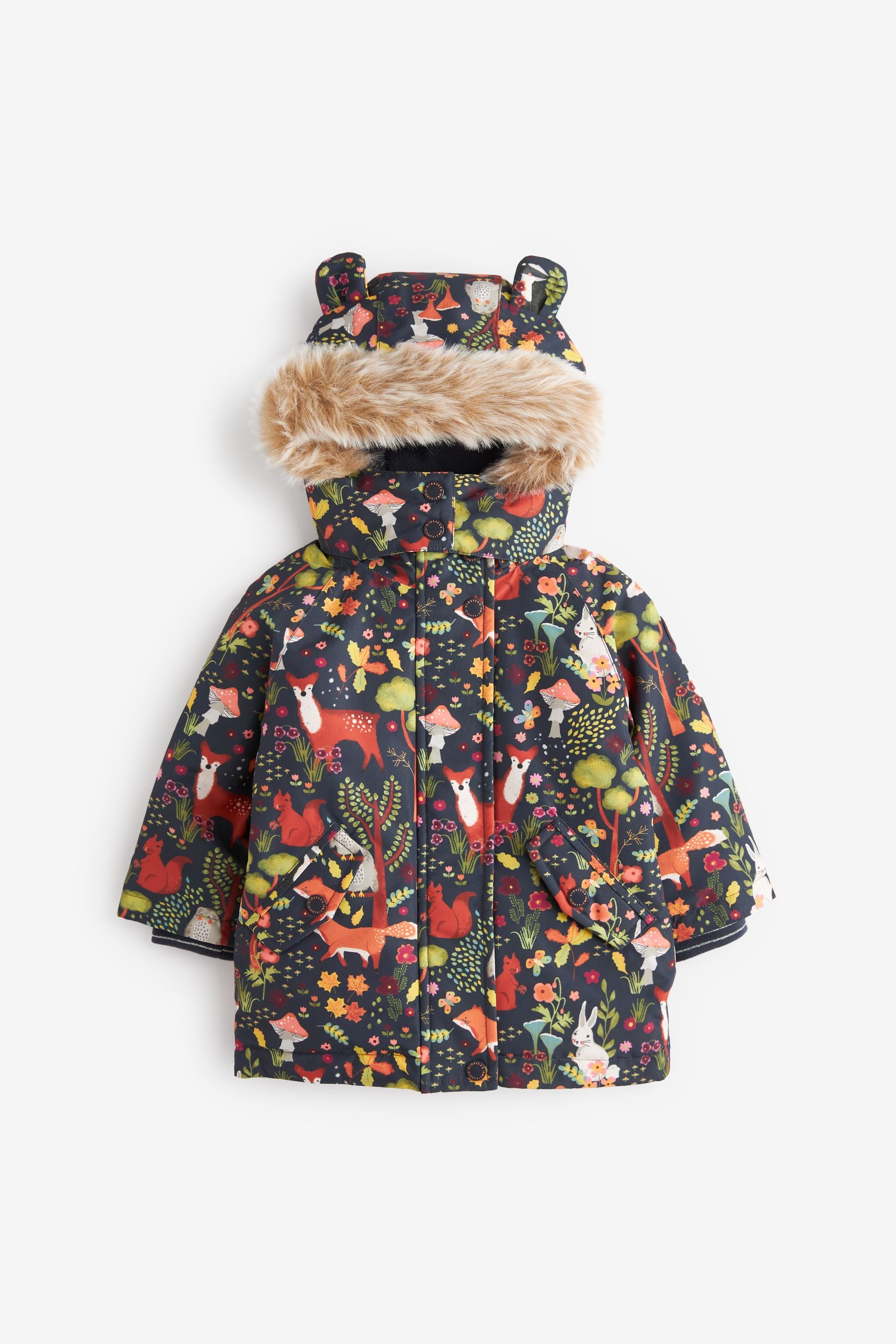 Navy Blue Character Waterproof Printed Padded Coat With Faux Fur Hood (3mths-7yrs)