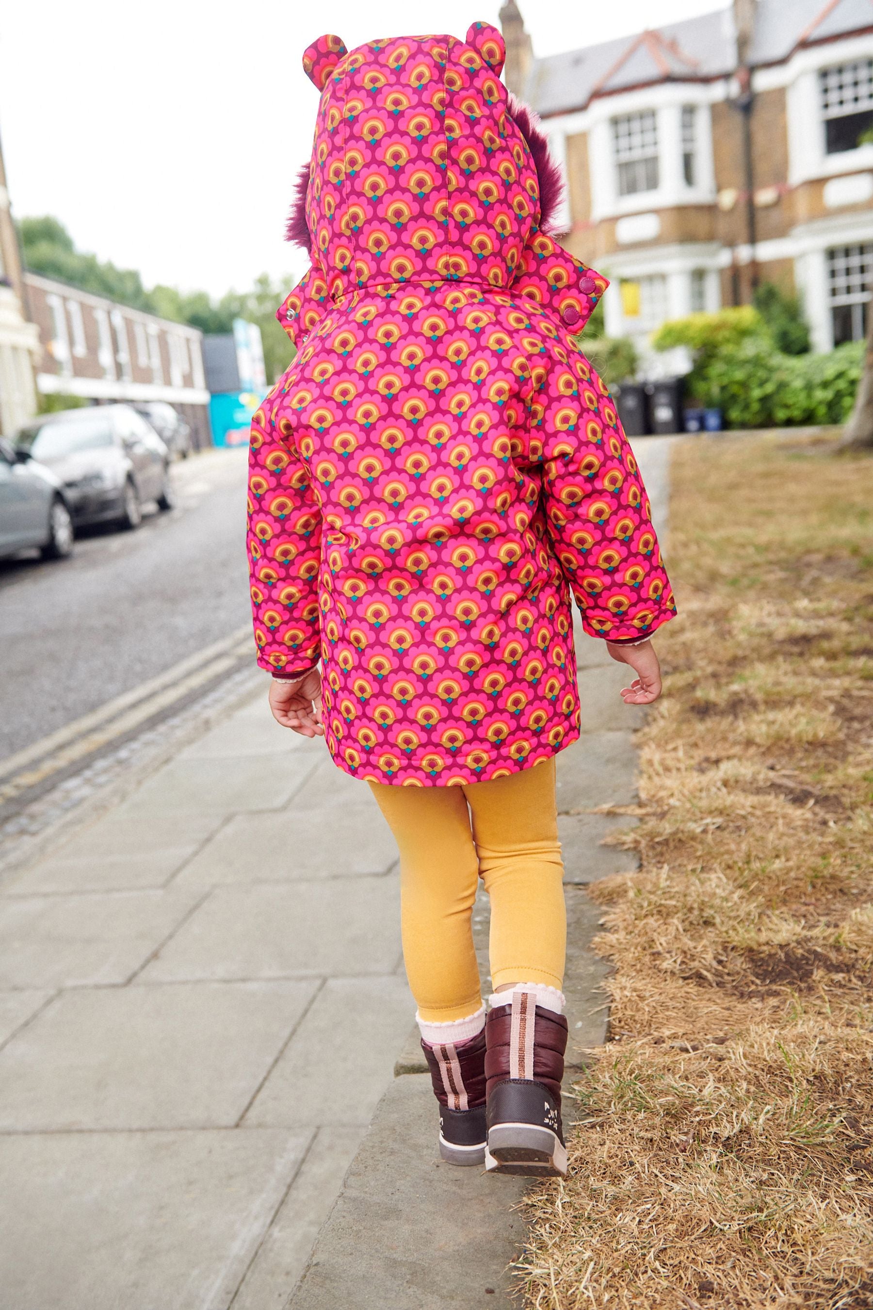 Pink Geo Waterproof Printed Padded Coat With Faux Fur Hood (3mths-7yrs)