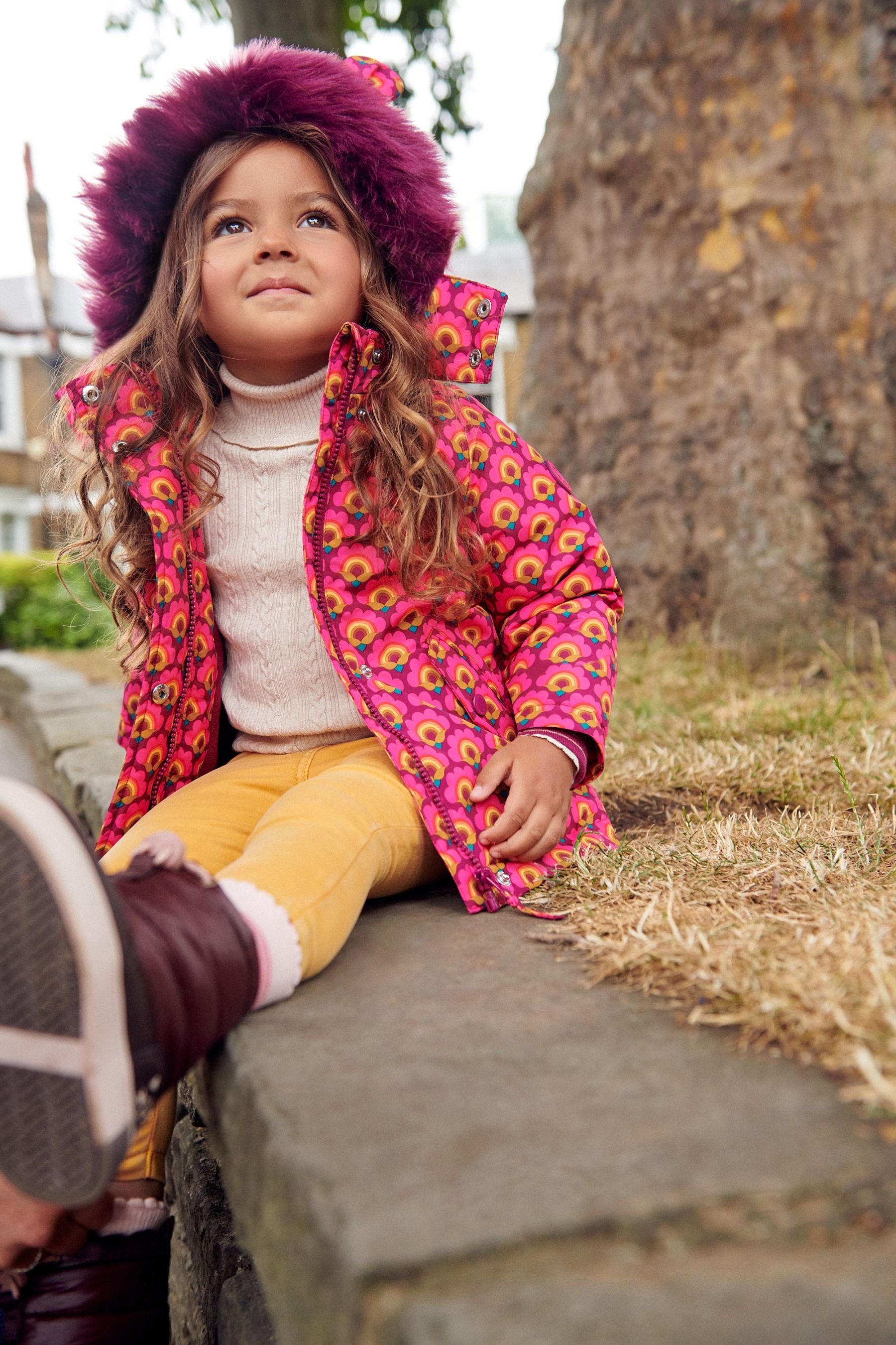 Pink Geo Waterproof Printed Padded Coat With Faux Fur Hood (3mths-7yrs)