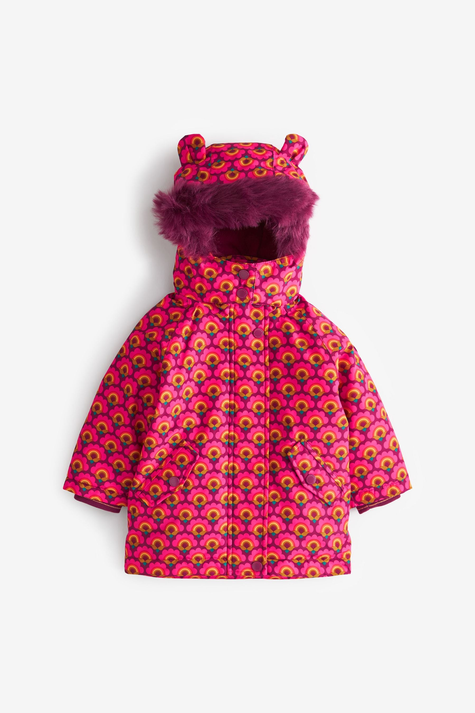 Pink Geo Waterproof Printed Padded Coat With Faux Fur Hood (3mths-7yrs)