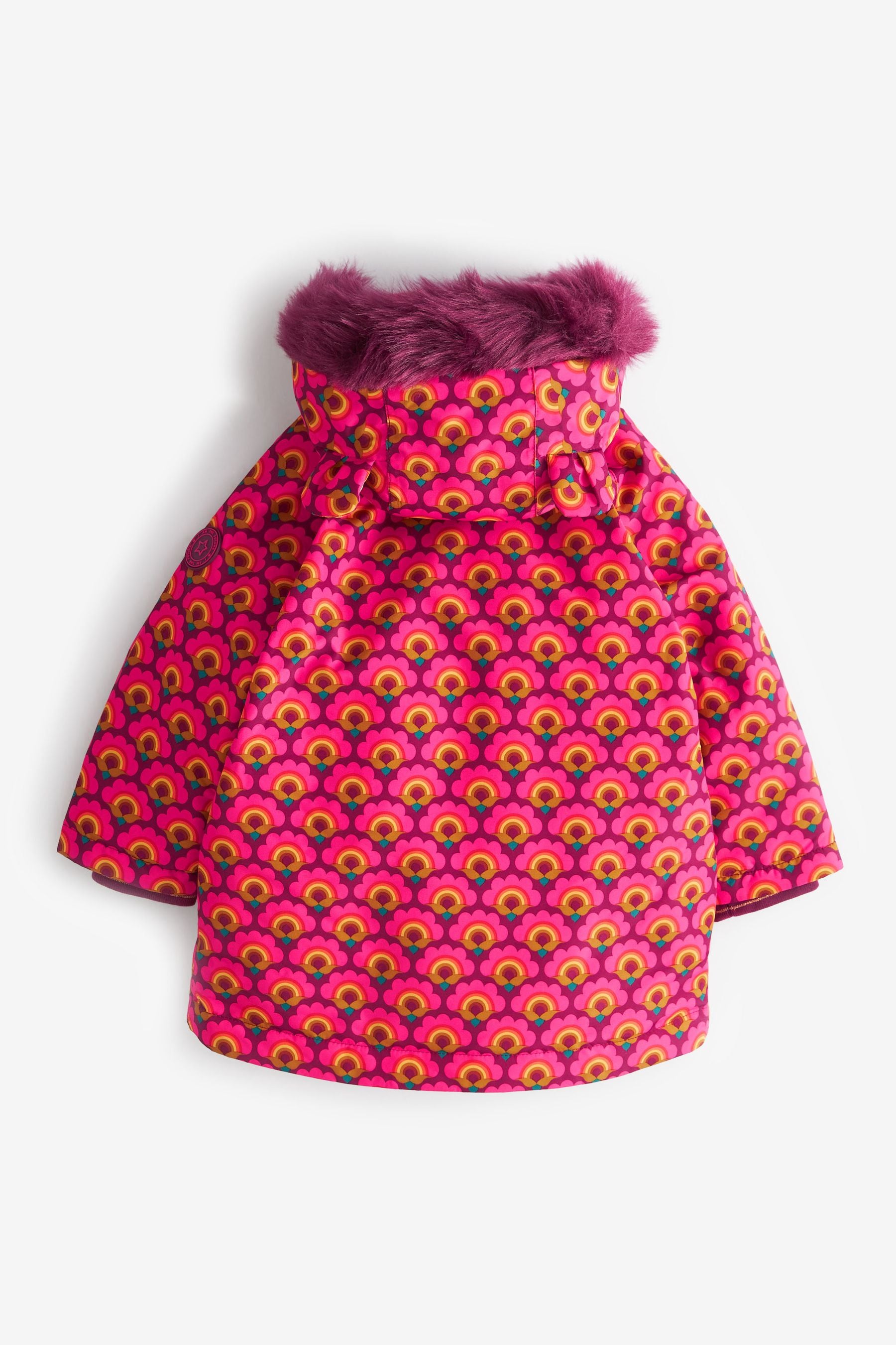 Pink Geo Waterproof Printed Padded Coat With Faux Fur Hood (3mths-7yrs)