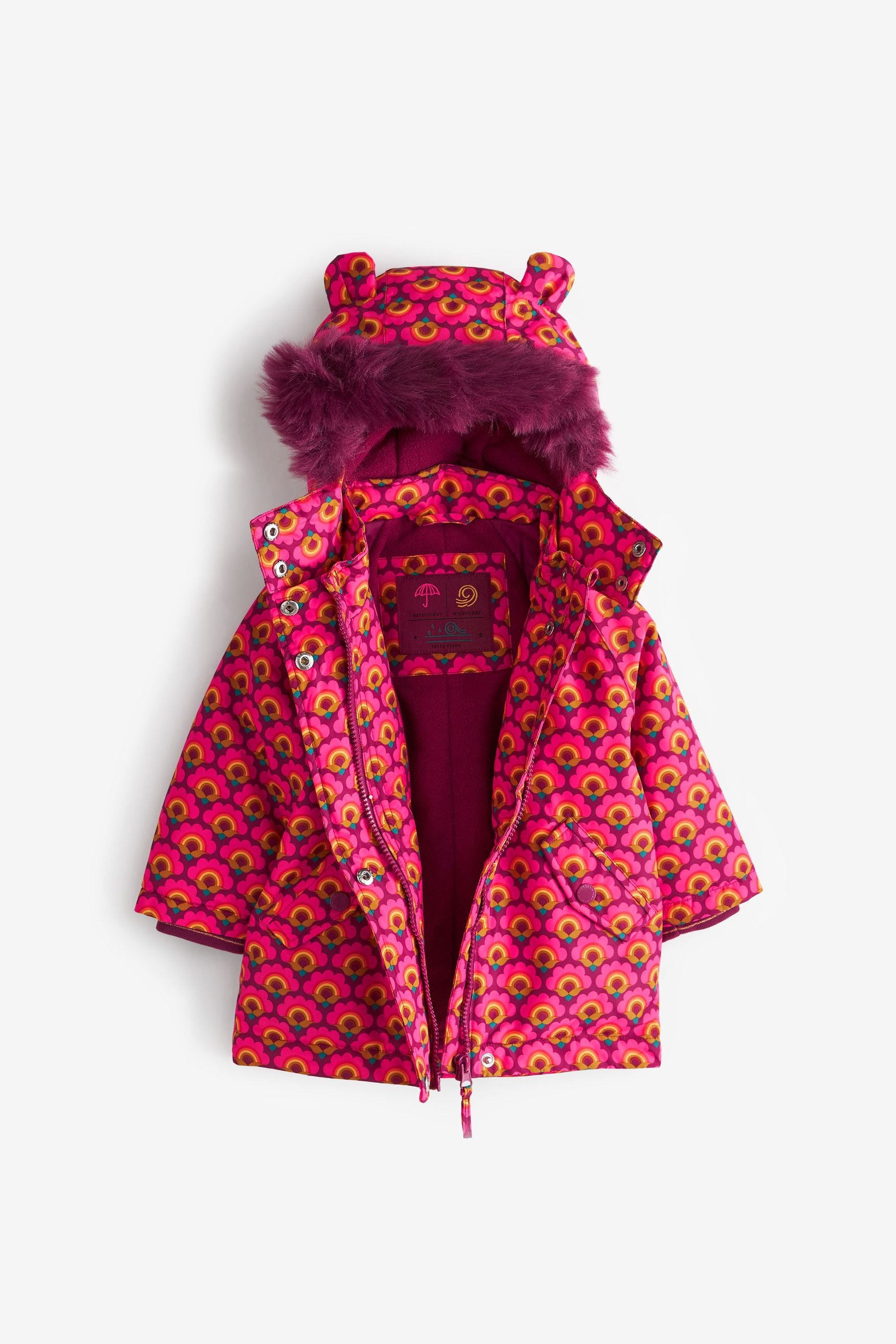 Pink Geo Waterproof Printed Padded Coat With Faux Fur Hood (3mths-7yrs)