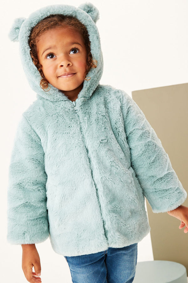 Aqua Blue Cosy Faux Fur Character Ears Coat (12mths-7yrs)