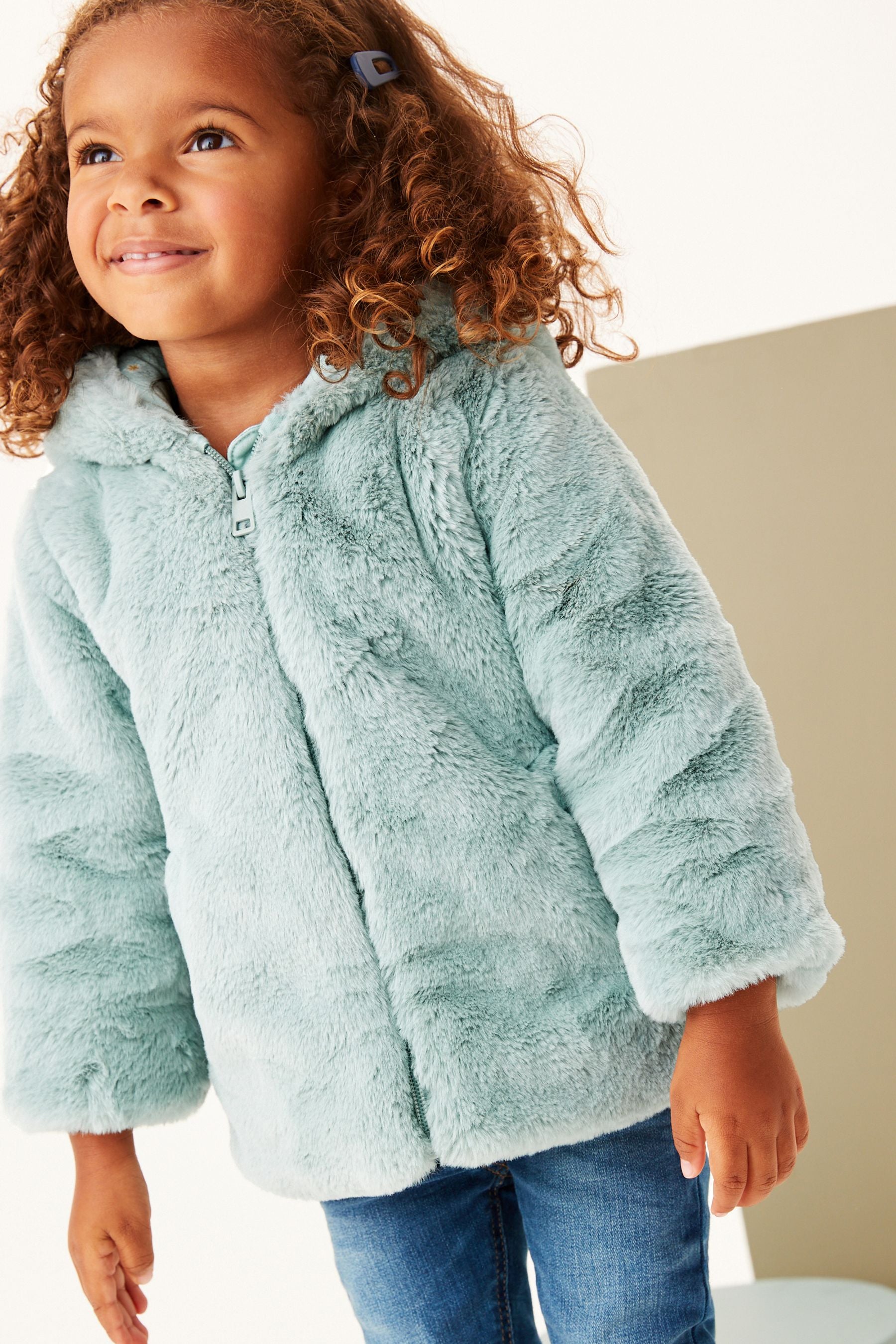 Aqua Blue Cosy Faux Fur Character Ears Coat (12mths-7yrs)