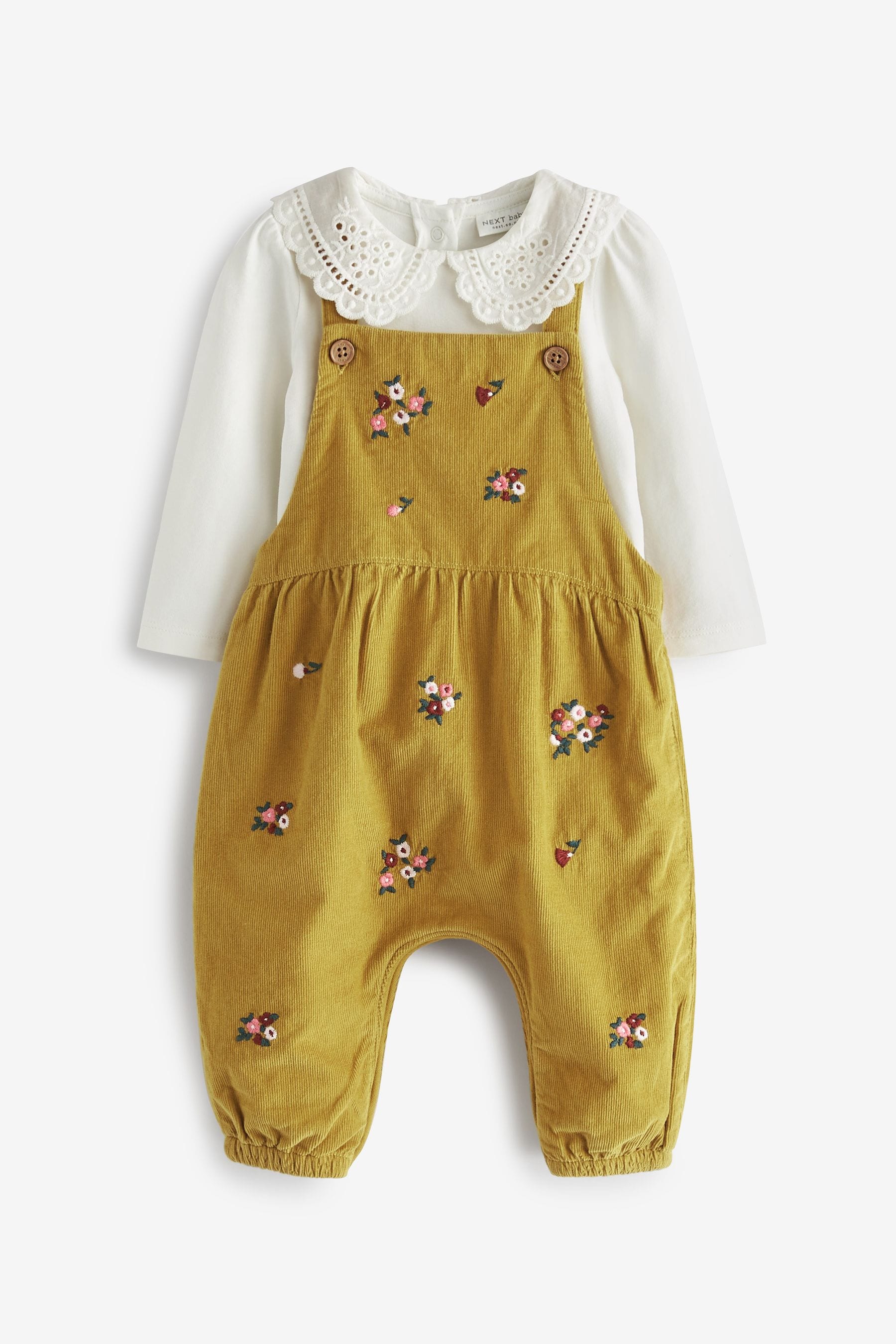 Citrine Yellow Green Floral Embroidered Cord Baby Dungarees With Collared Bodysuit (0mths-3yrs)